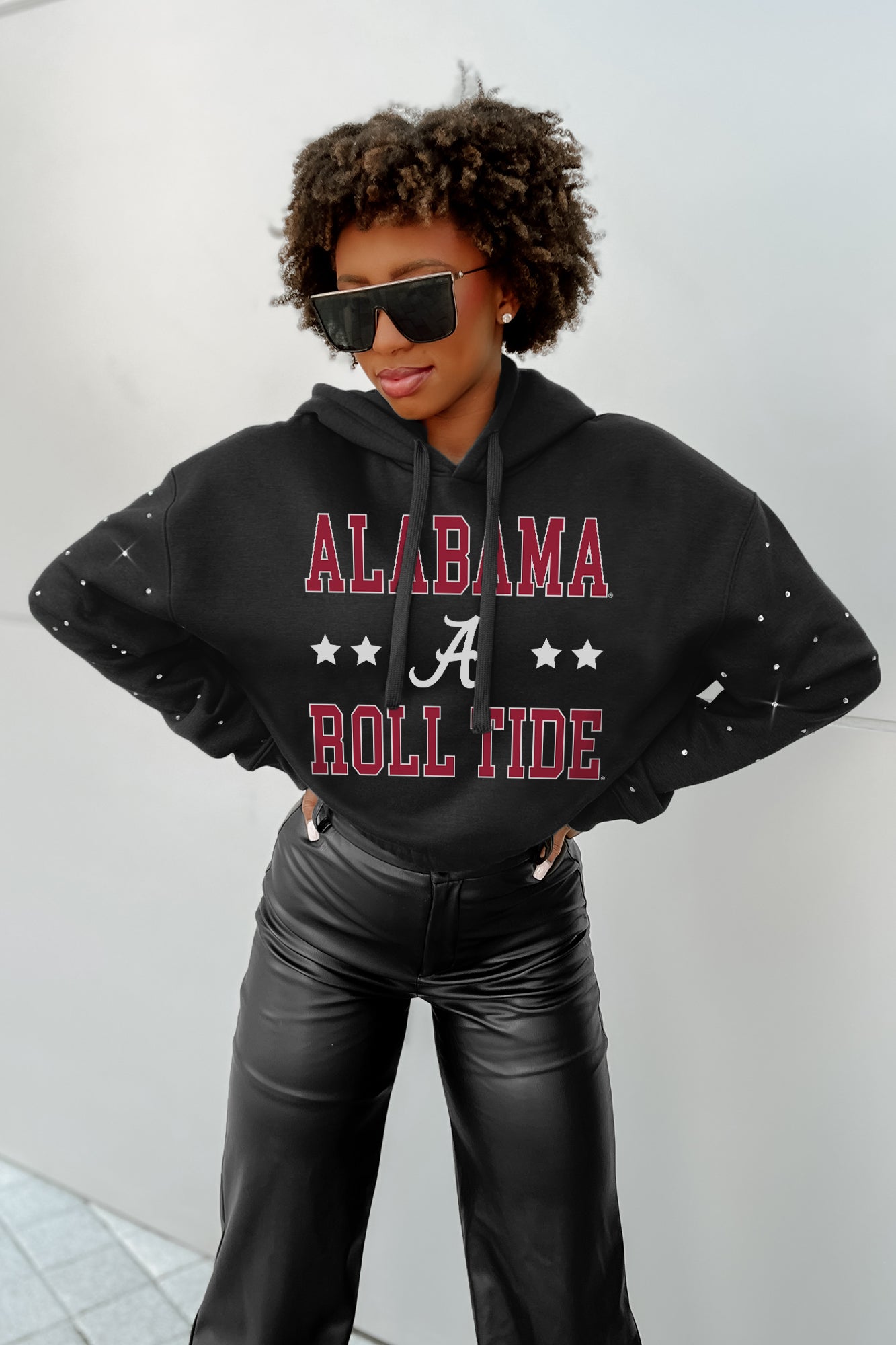 ALABAMA CRIMSON TIDE LIKE A STAR LONG SLEEVE SCRUNCH WAISTBAND HOODIE WITH RHINESTONES