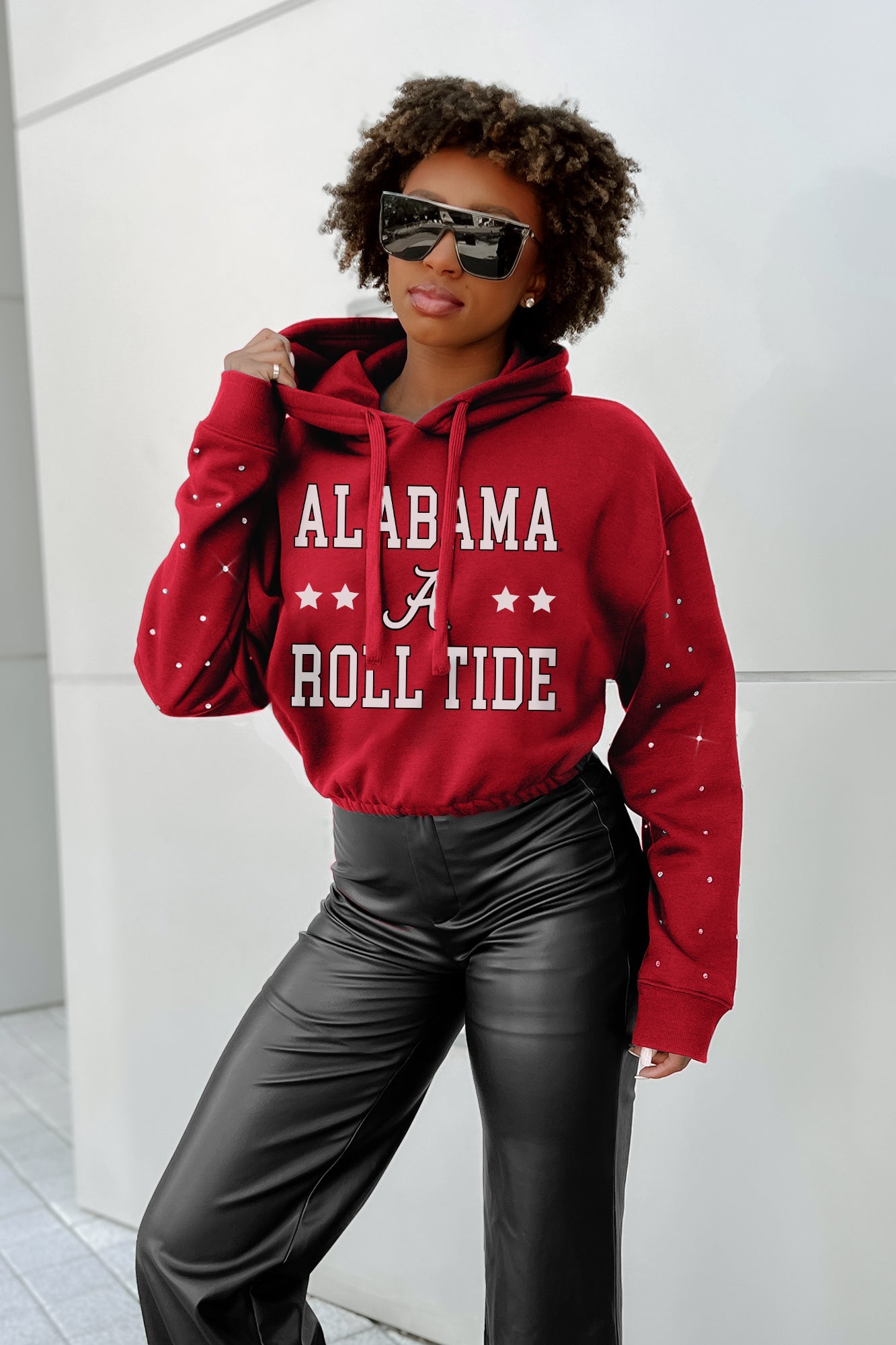 ALABAMA CRIMSON TIDE CAN'T LOSE LONG SLEEVE SCRUNCH WAISTBAND HOODIE WITH RHINESTONES