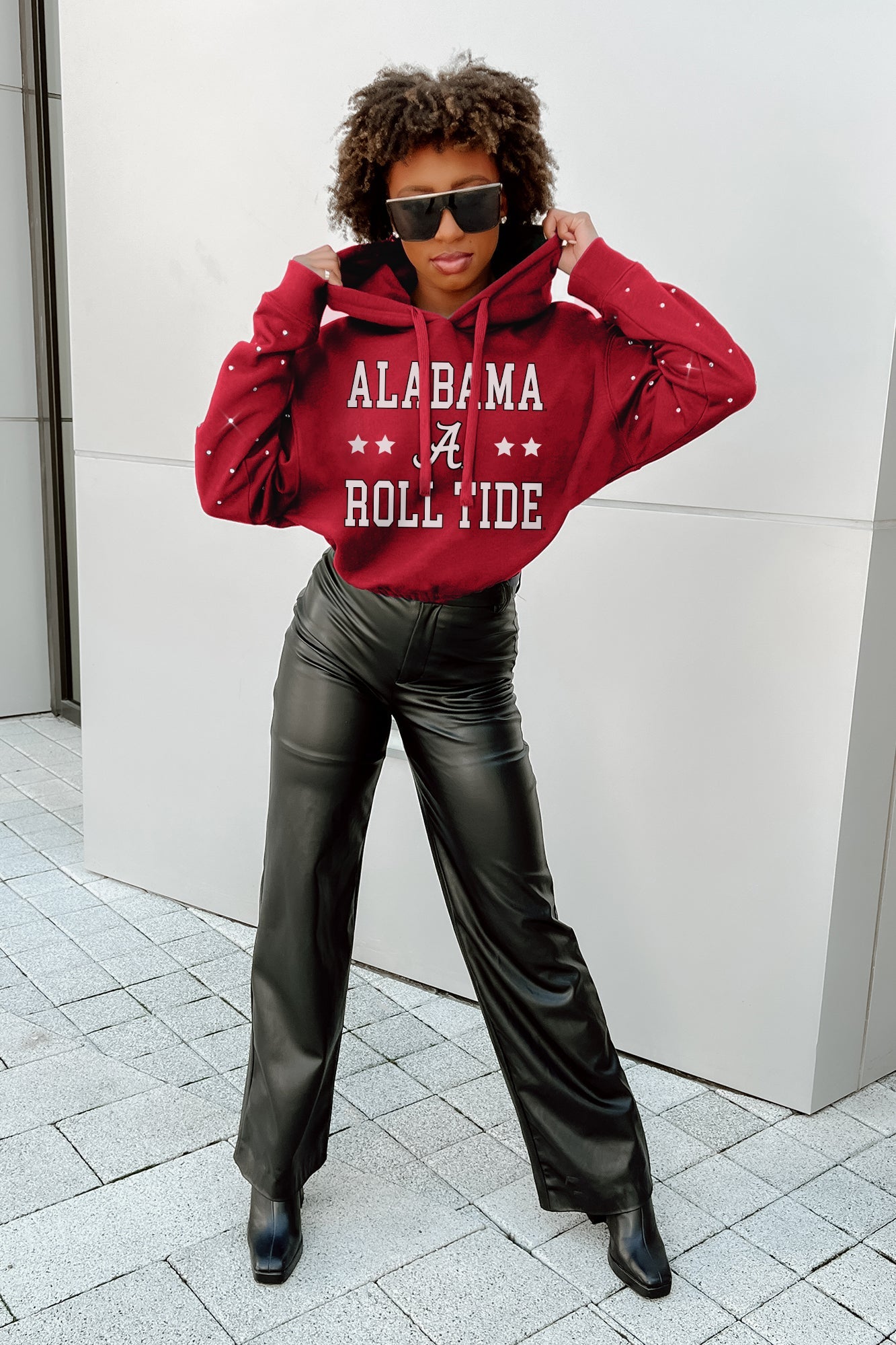 ALABAMA CRIMSON TIDE CAN'T LOSE LONG SLEEVE SCRUNCH WAISTBAND HOODIE WITH RHINESTONES