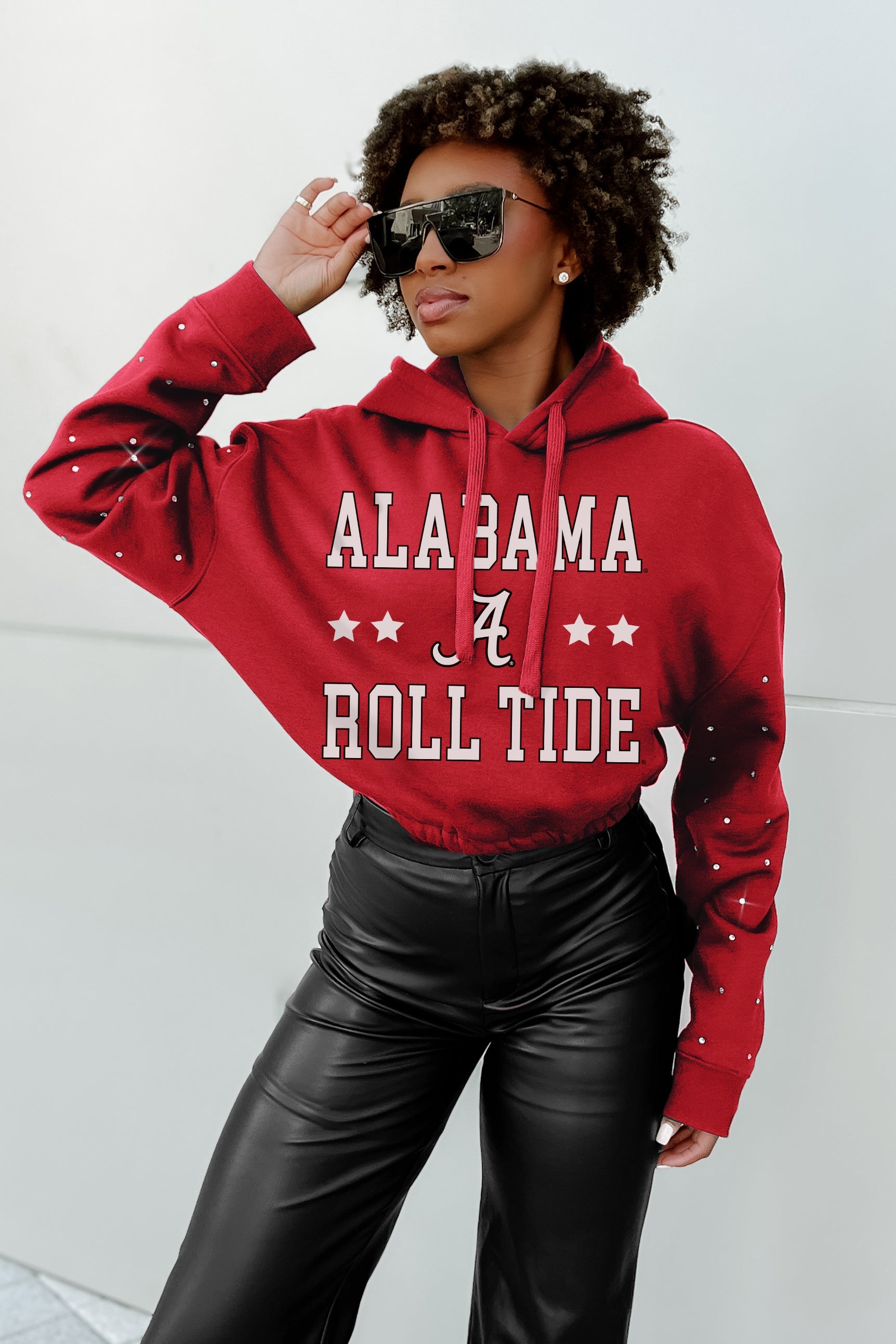 ALABAMA CRIMSON TIDE CAN'T LOSE LONG SLEEVE SCRUNCH WAISTBAND HOODIE WITH RHINESTONES