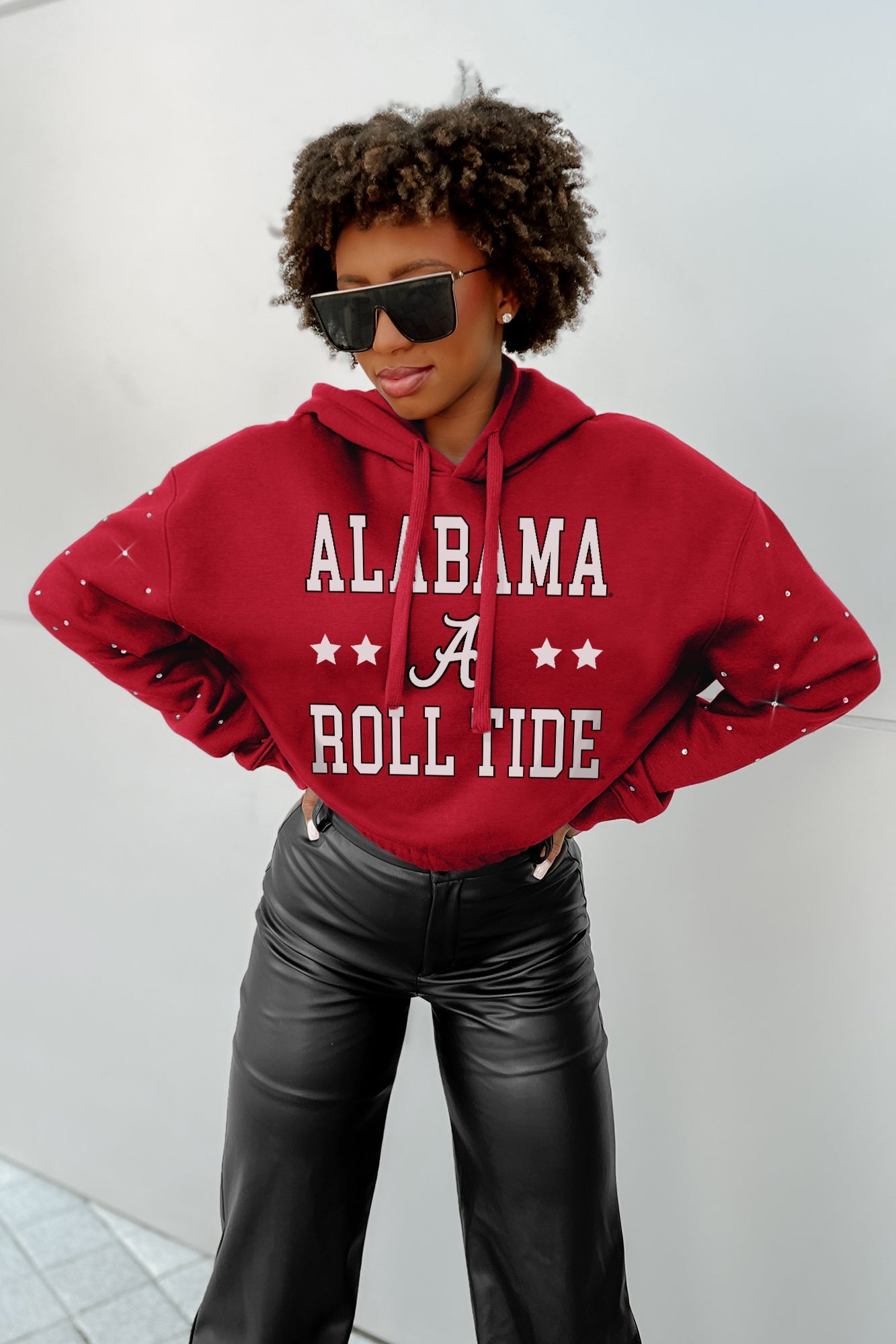 ALABAMA CRIMSON TIDE CAN'T LOSE LONG SLEEVE SCRUNCH WAISTBAND HOODIE WITH RHINESTONES