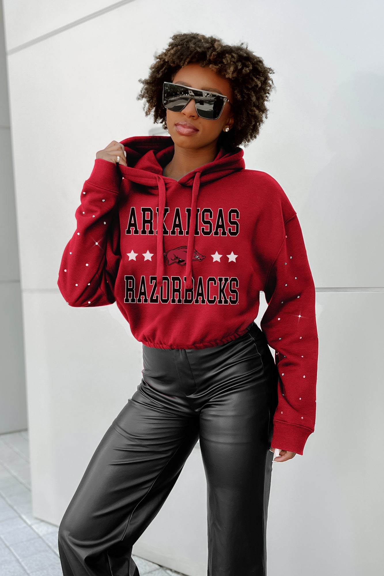 ARKANSAS RAZORBACKS CAN'T LOSE LONG SLEEVE SCRUNCH WAISTBAND HOODIE WITH RHINESTONES