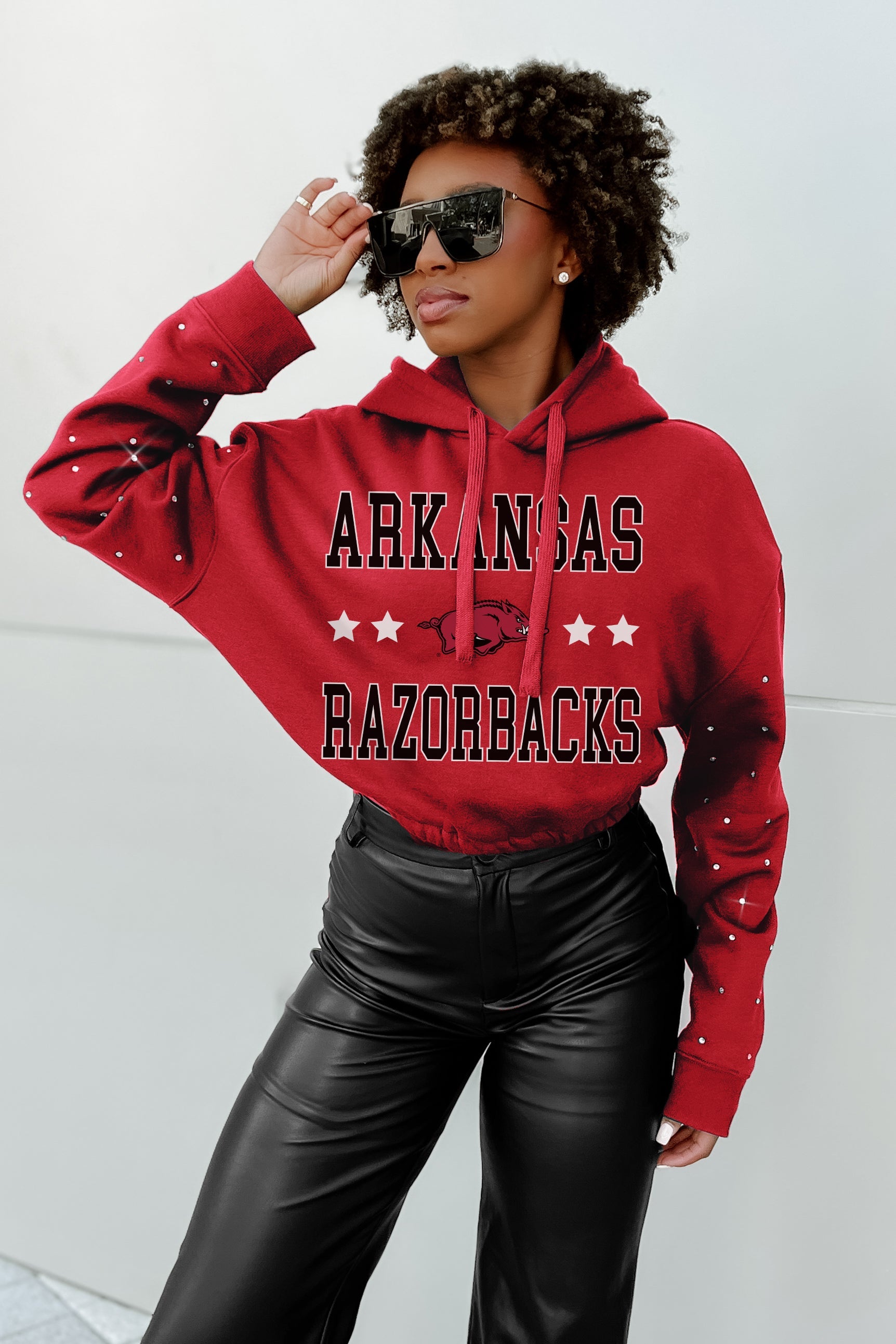 ARKANSAS RAZORBACKS CAN'T LOSE LONG SLEEVE SCRUNCH WAISTBAND HOODIE WITH RHINESTONES