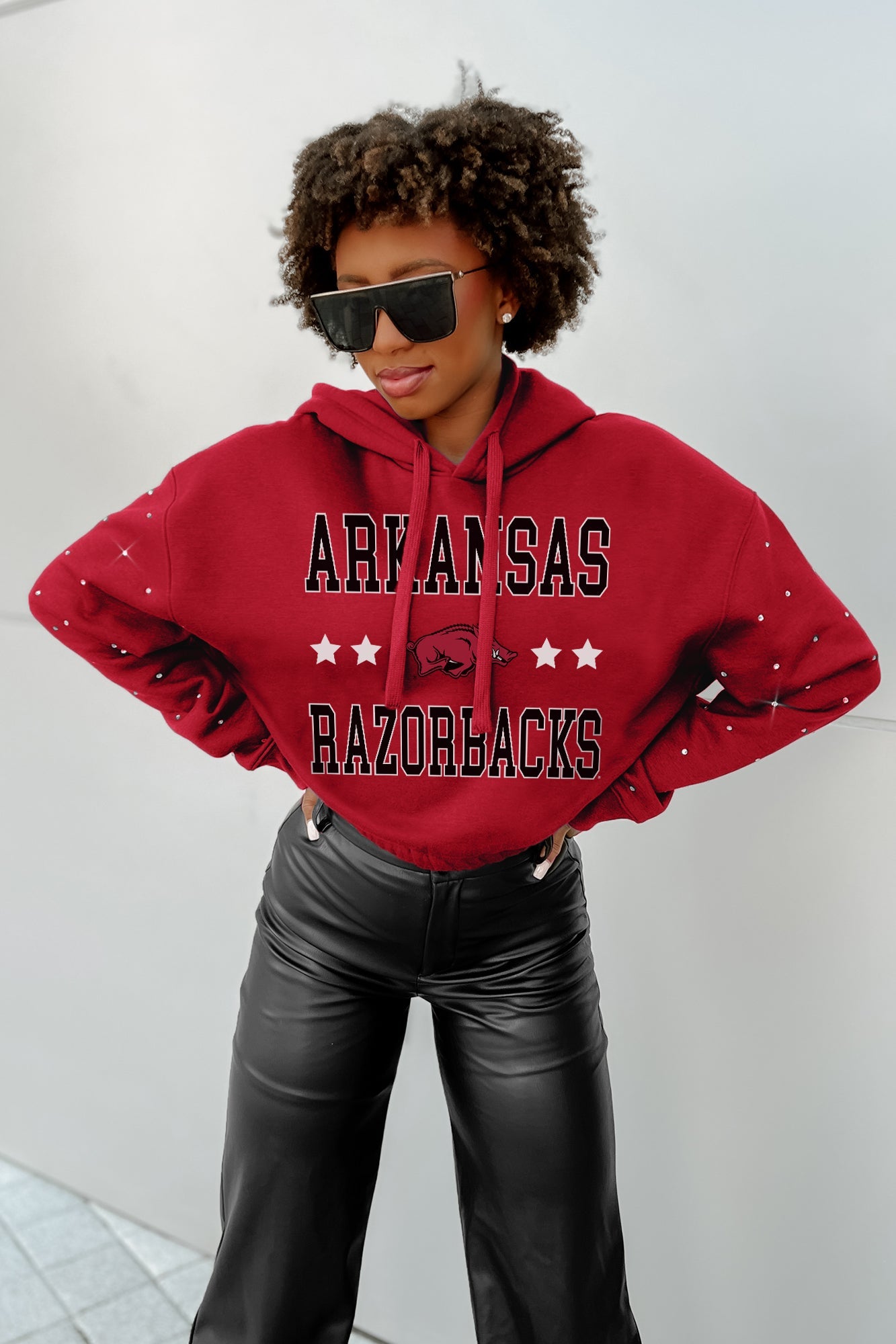 ARKANSAS RAZORBACKS CAN'T LOSE LONG SLEEVE SCRUNCH WAISTBAND HOODIE WITH RHINESTONES