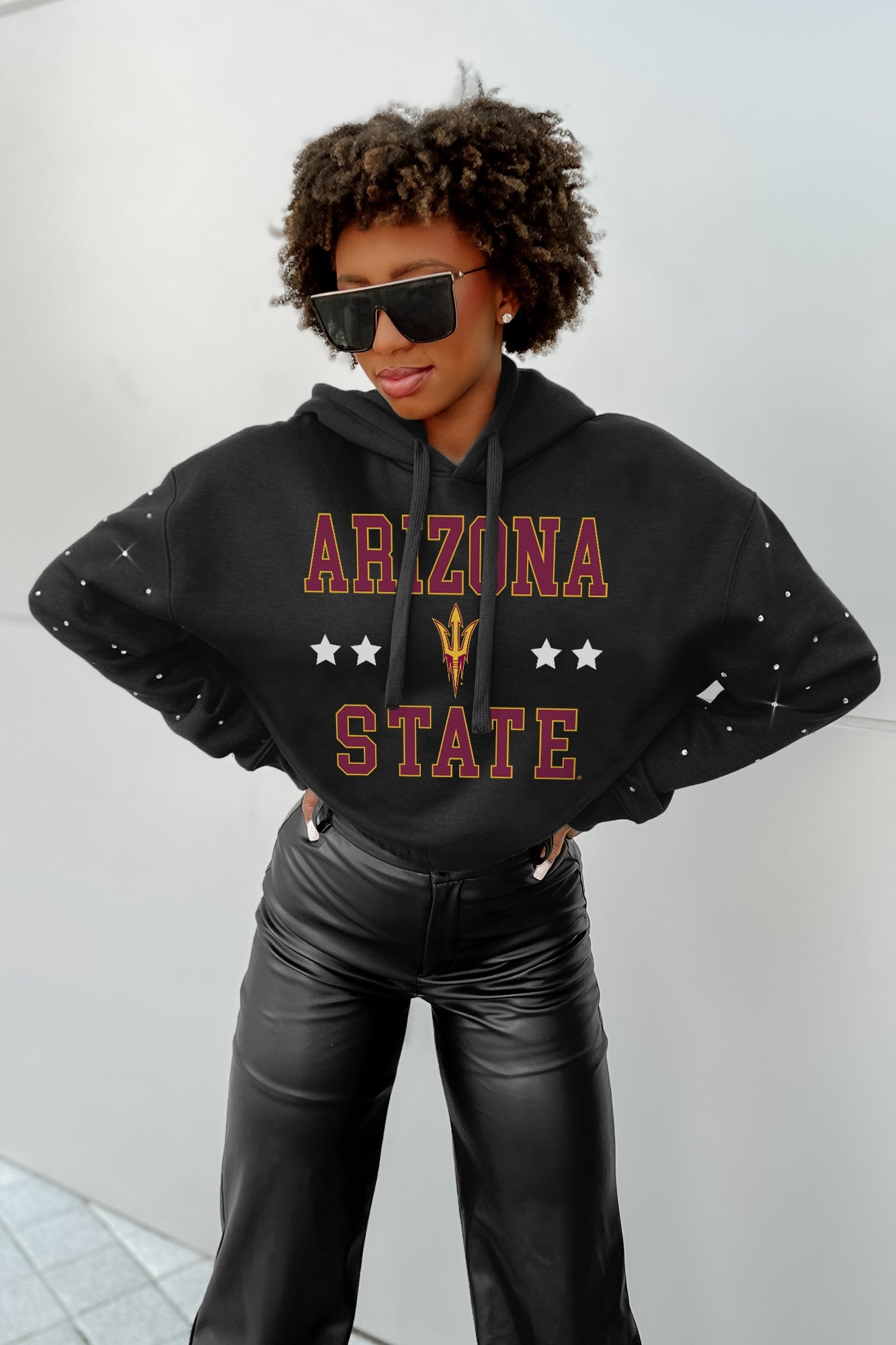 ARIZONA STATE SUN DEVILS LIKE A STAR LONG SLEEVE SCRUNCH WAISTBAND HOODIE WITH RHINESTONES