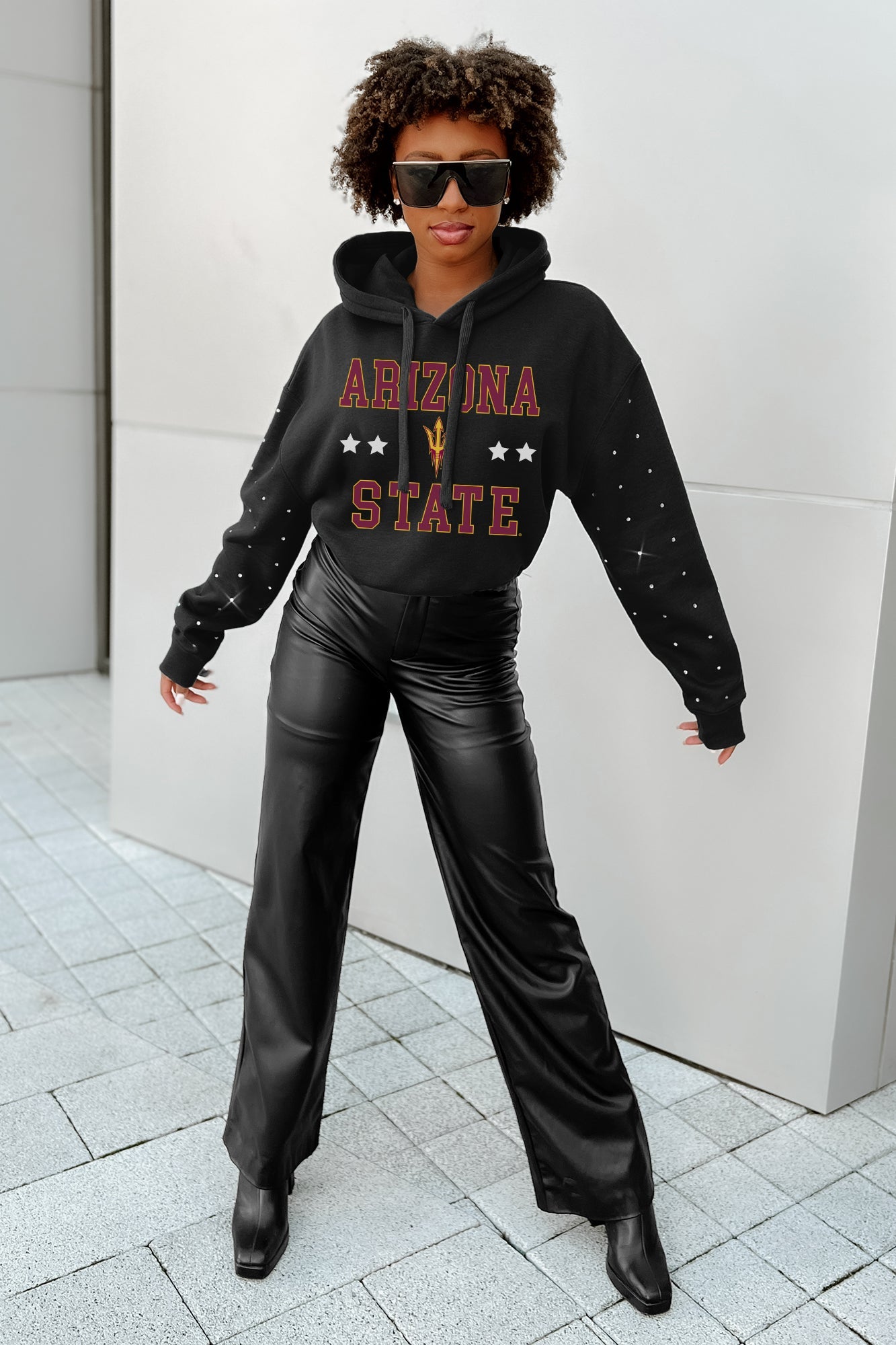 ARIZONA STATE SUN DEVILS LIKE A STAR LONG SLEEVE SCRUNCH WAISTBAND HOODIE WITH RHINESTONES