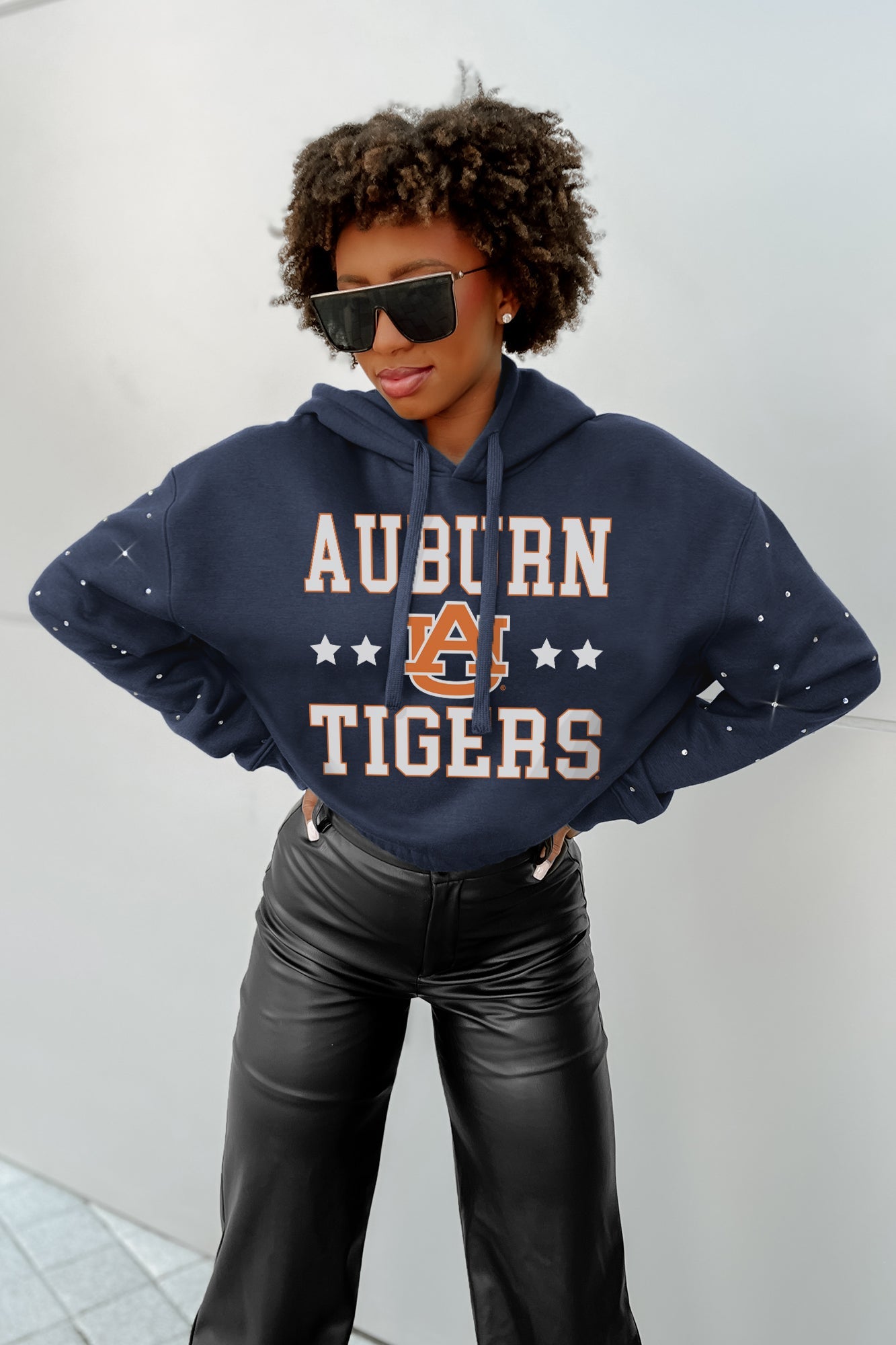 AUBURN TIGERS LIKE A STAR LONG SLEEVE SCRUNCH WAISTBAND HOODIE WITH RHINESTONES