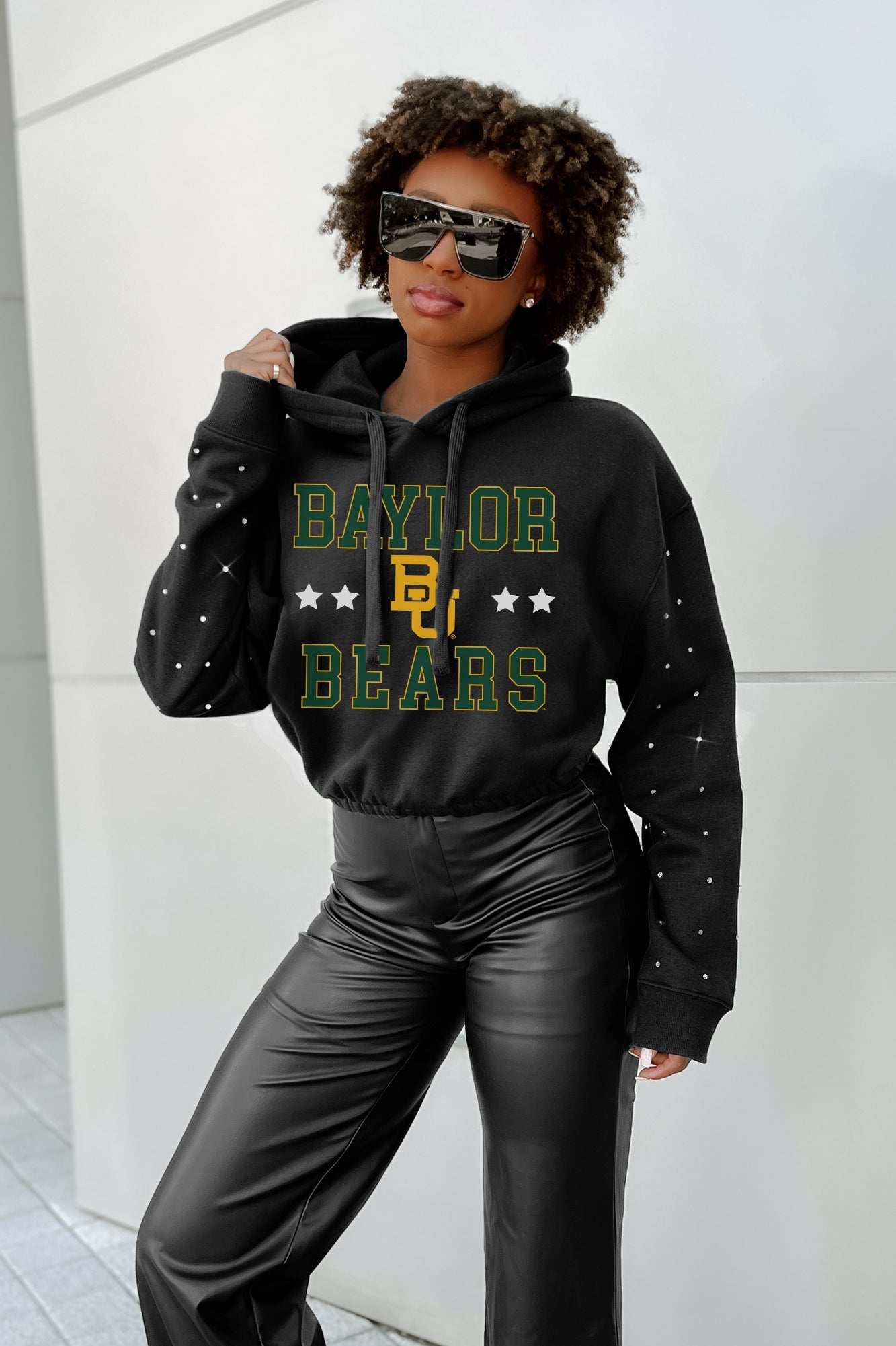 BAYLOR BEARS LIKE A STAR LONG SLEEVE SCRUNCH WAISTBAND HOODIE WITH RHINESTONES