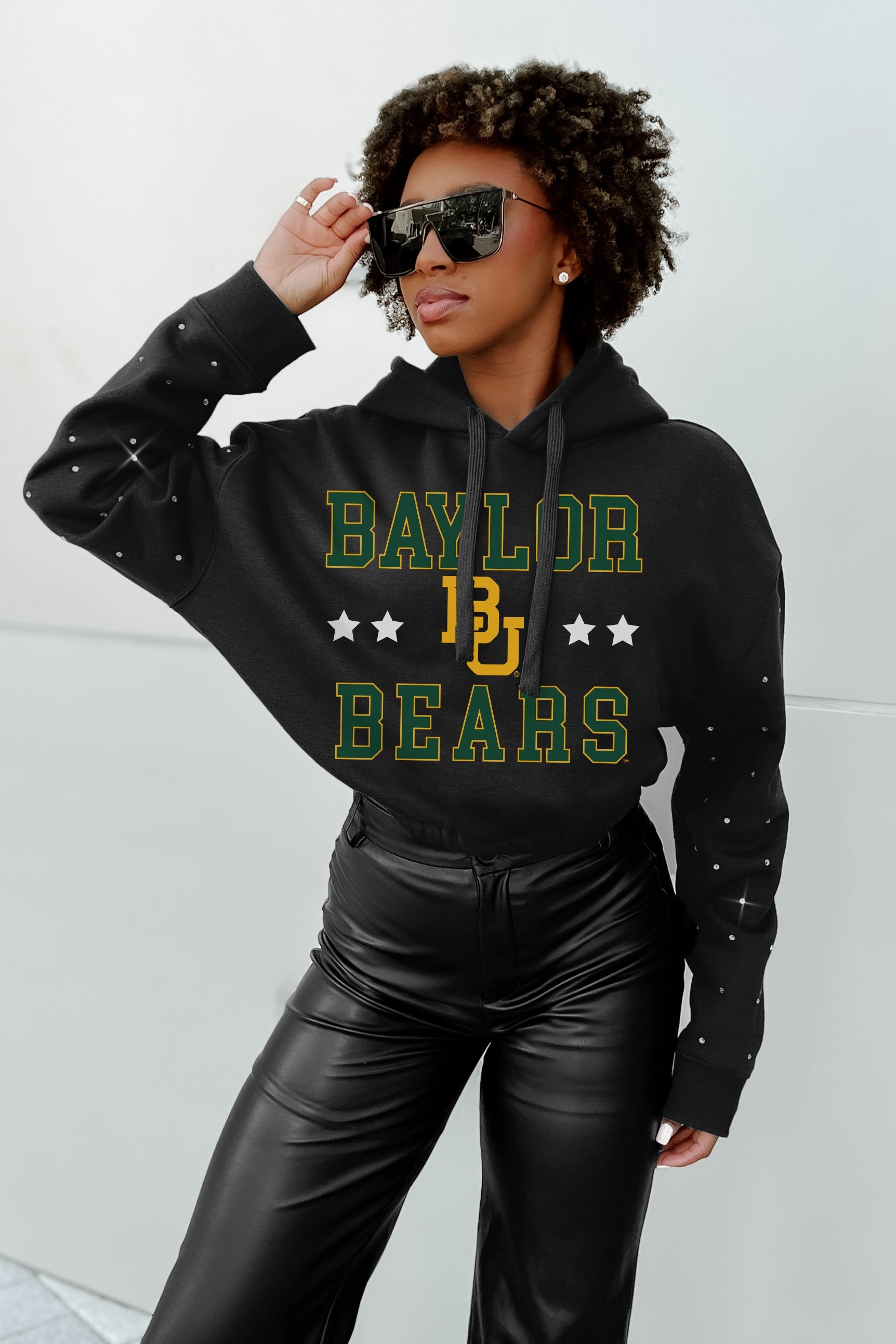 BAYLOR BEARS LIKE A STAR LONG SLEEVE SCRUNCH WAISTBAND HOODIE WITH RHINESTONES