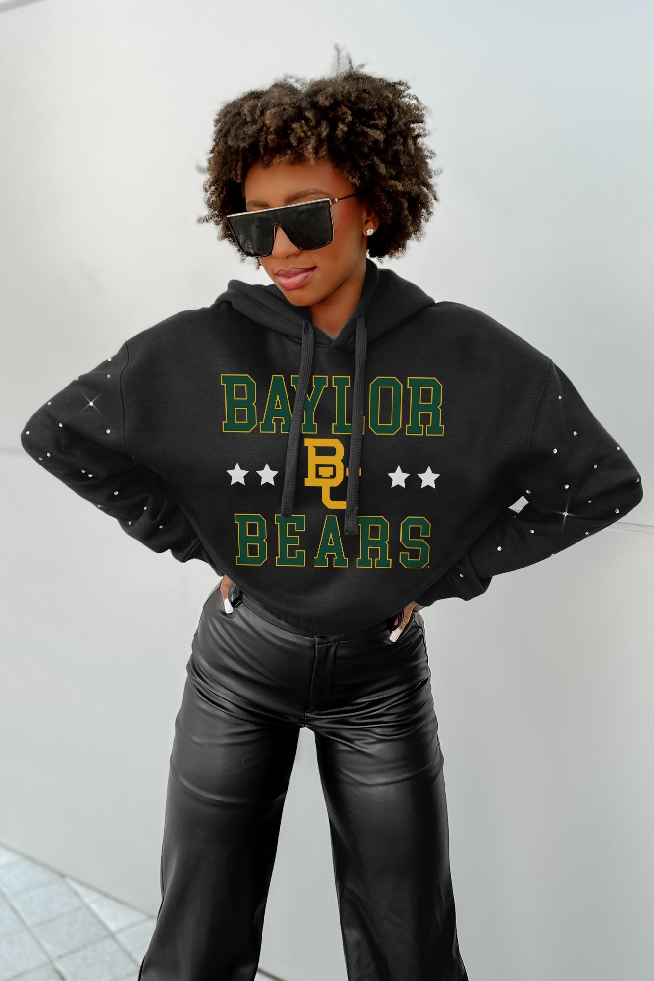 BAYLOR BEARS LIKE A STAR LONG SLEEVE SCRUNCH WAISTBAND HOODIE WITH RHINESTONES