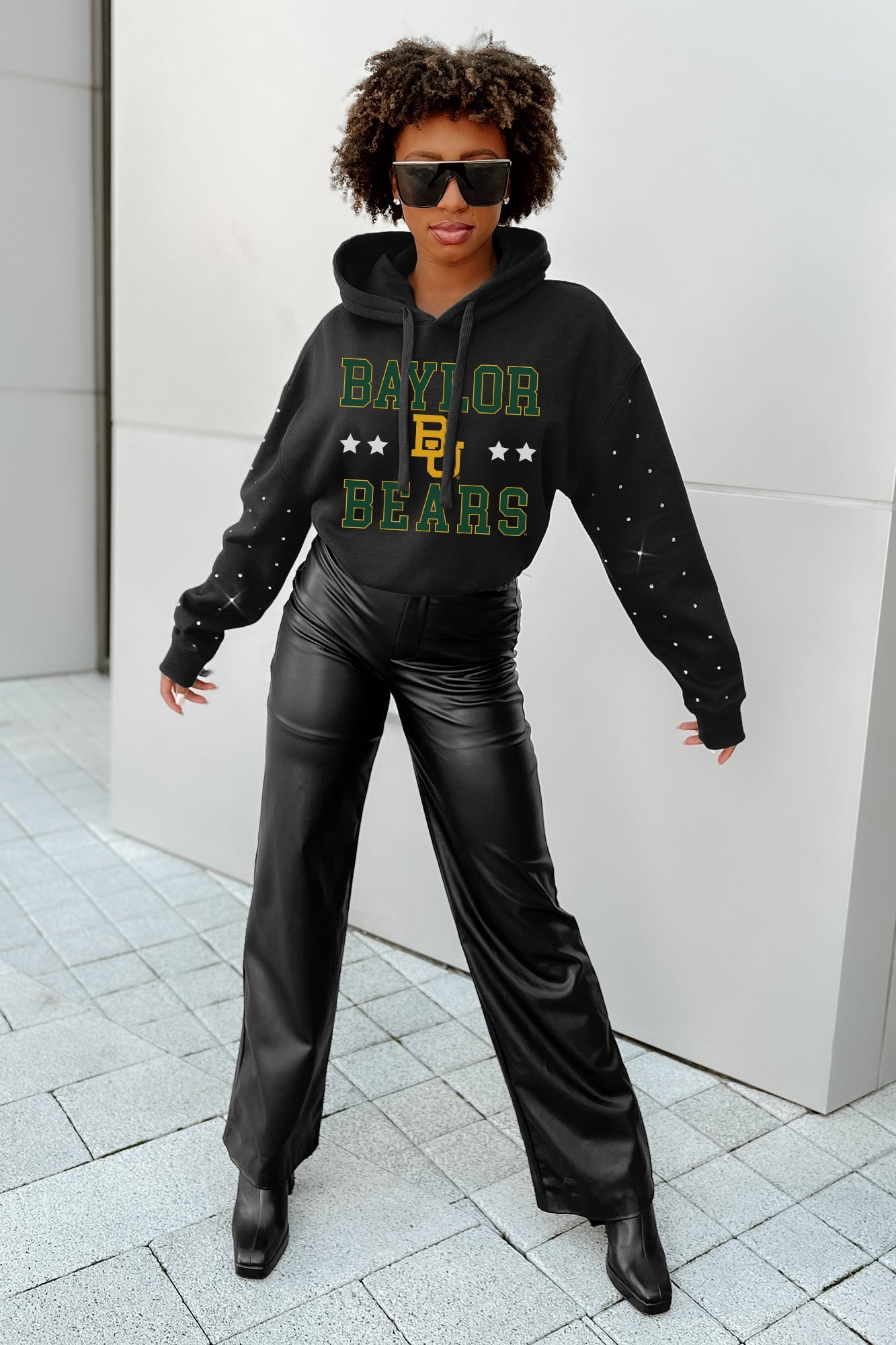 BAYLOR BEARS LIKE A STAR LONG SLEEVE SCRUNCH WAISTBAND HOODIE WITH RHINESTONES