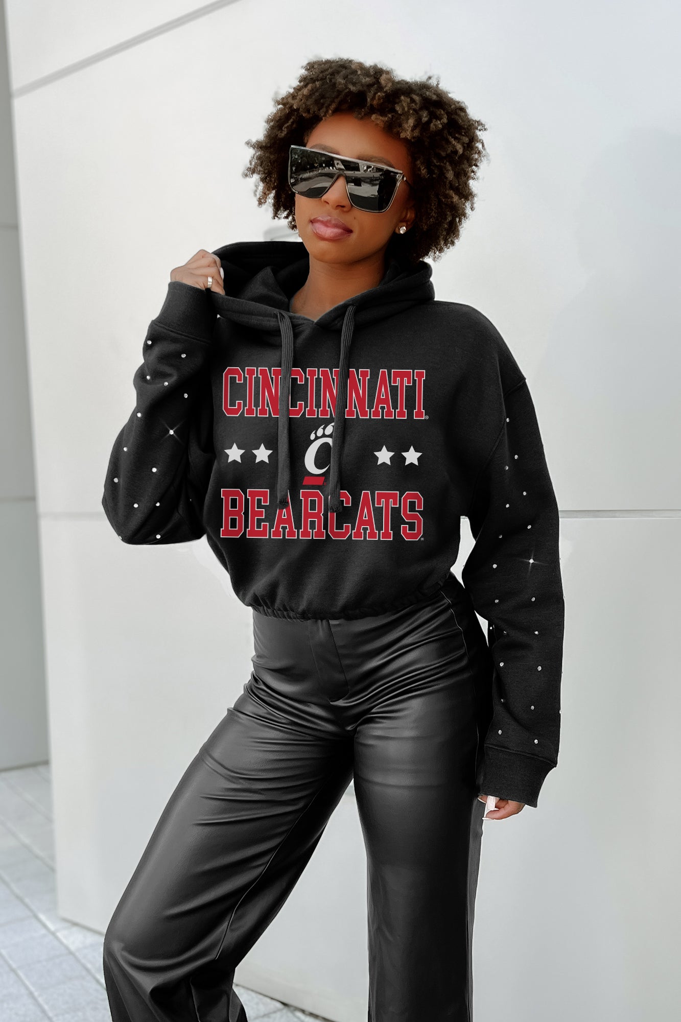 CINCINNATI BEARCATS LIKE A STAR LONG SLEEVE SCRUNCH WAISTBAND HOODIE WITH RHINESTONES