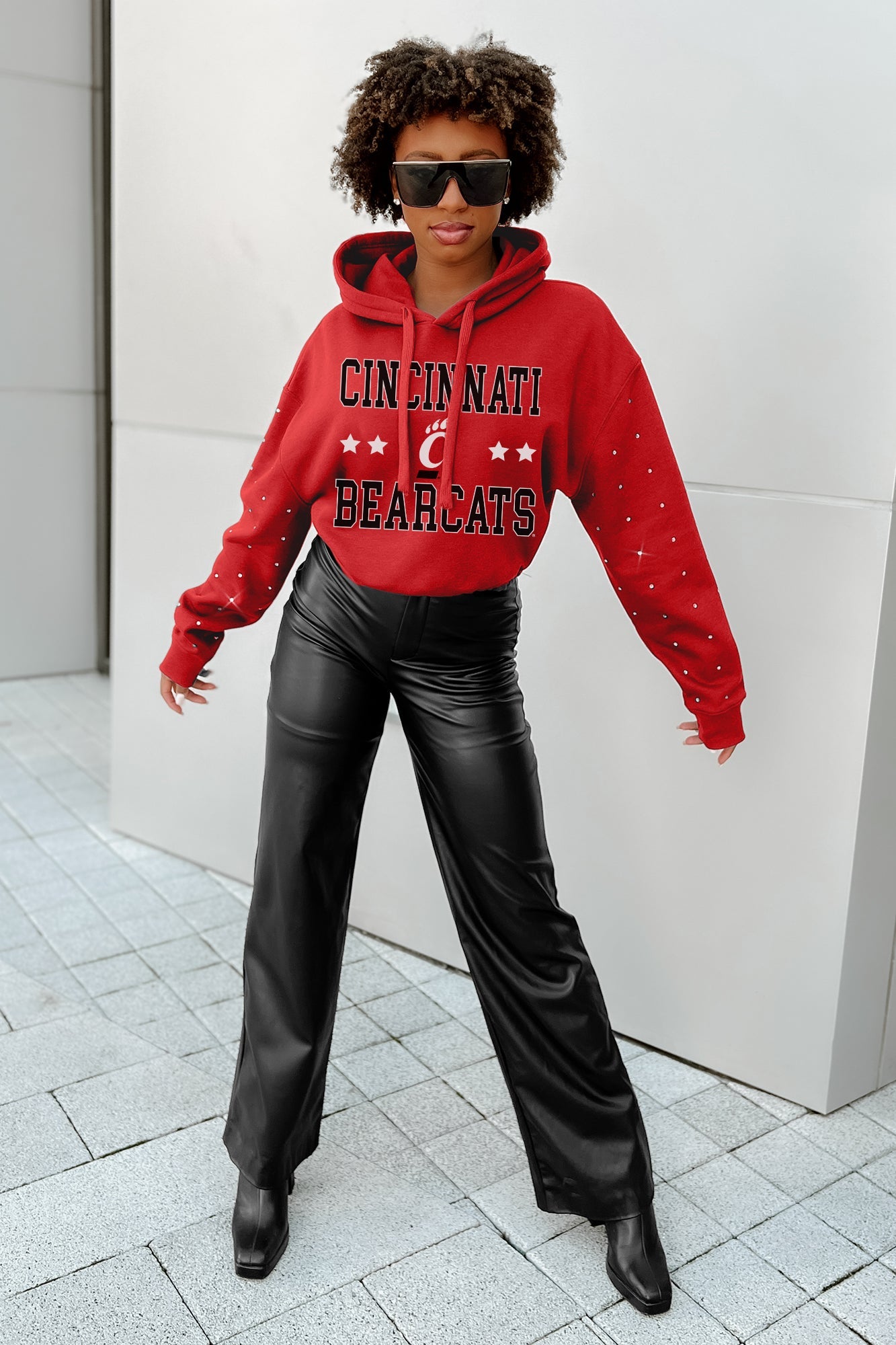 CINCINNATI BEARCATS CAN'T LOSE LONG SLEEVE SCRUNCH WAISTBAND HOODIE WITH RHINESTONES