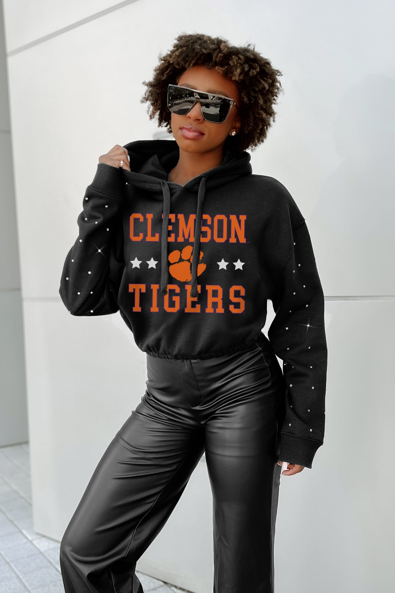 CLEMSON TIGERS LIKE A STAR LONG SLEEVE SCRUNCH WAISTBAND HOODIE WITH RHINESTONES