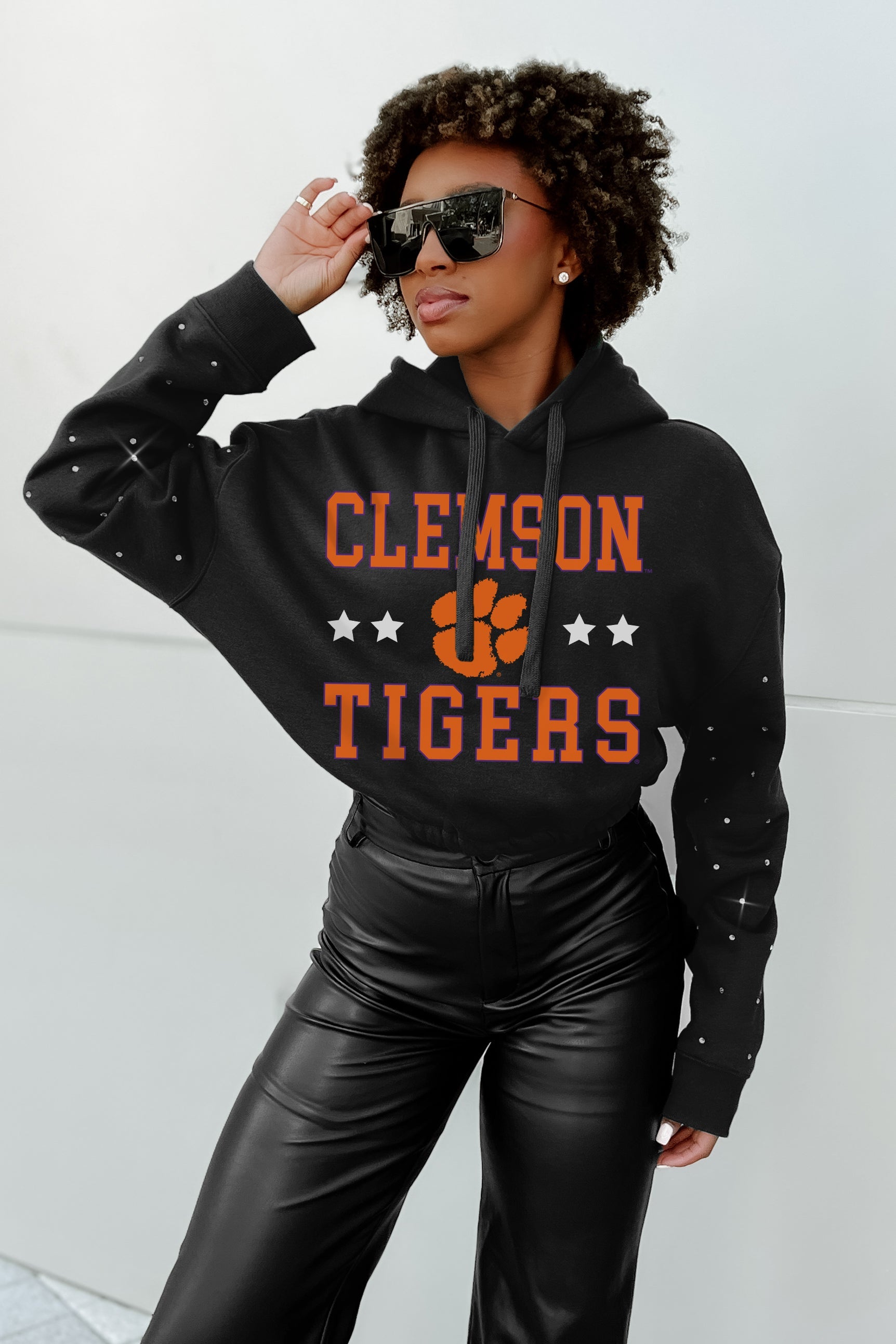 CLEMSON TIGERS LIKE A STAR LONG SLEEVE SCRUNCH WAISTBAND HOODIE WITH RHINESTONES