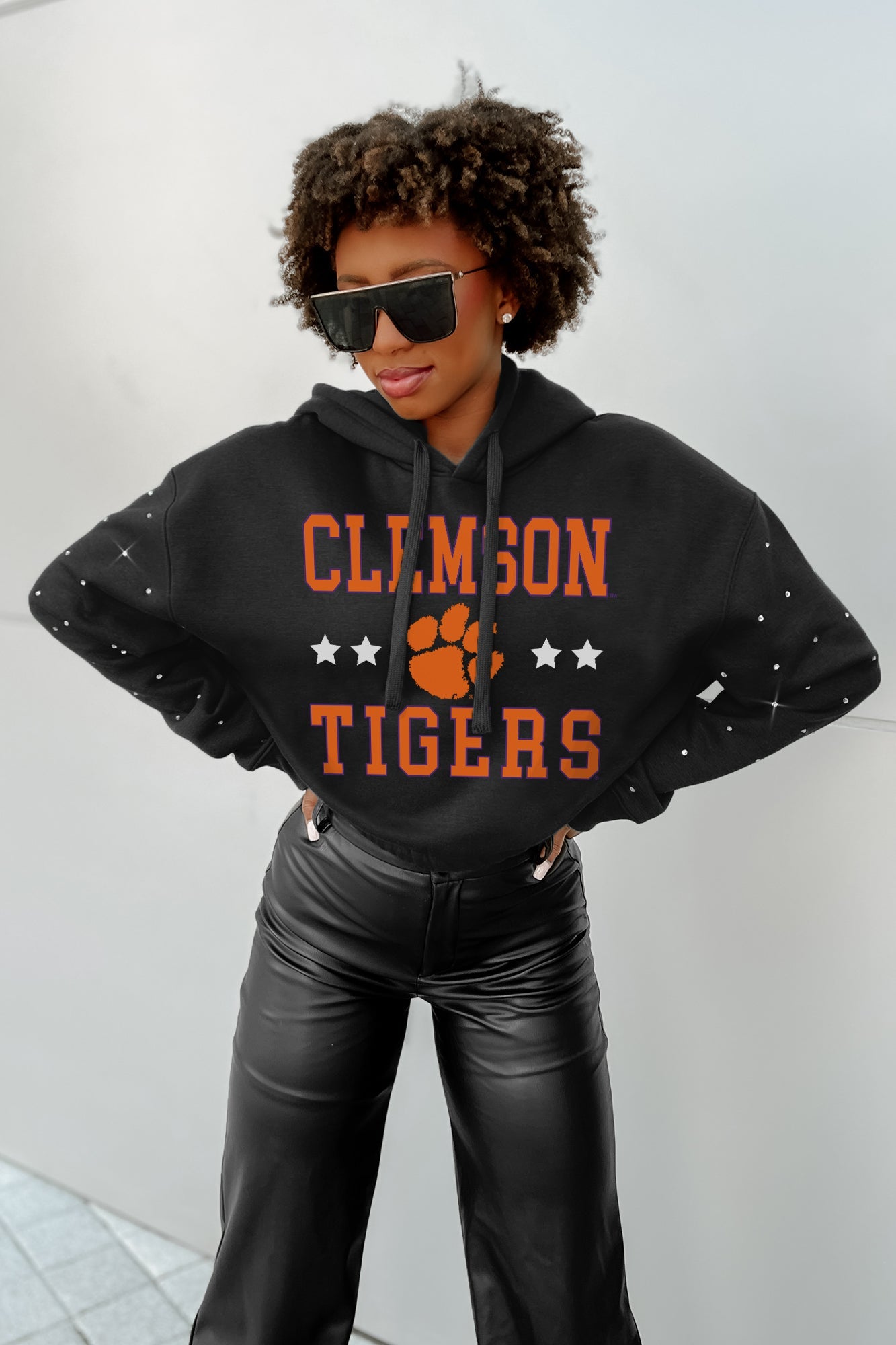 CLEMSON TIGERS LIKE A STAR LONG SLEEVE SCRUNCH WAISTBAND HOODIE WITH RHINESTONES