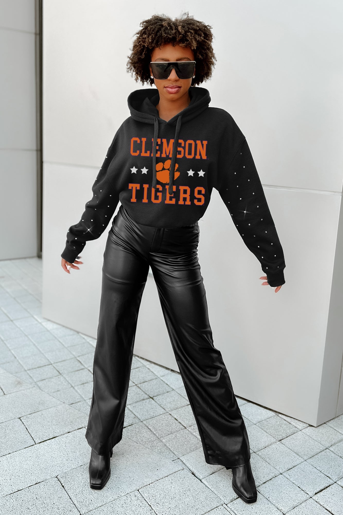 CLEMSON TIGERS LIKE A STAR LONG SLEEVE SCRUNCH WAISTBAND HOODIE WITH RHINESTONES