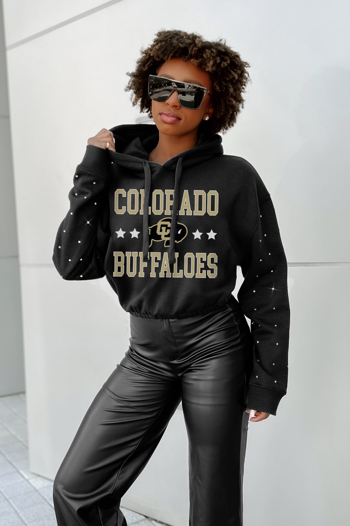 COLORADO BUFFALOES LIKE A STAR LONG SLEEVE SCRUNCH WAISTBAND HOODIE WITH RHINESTONES