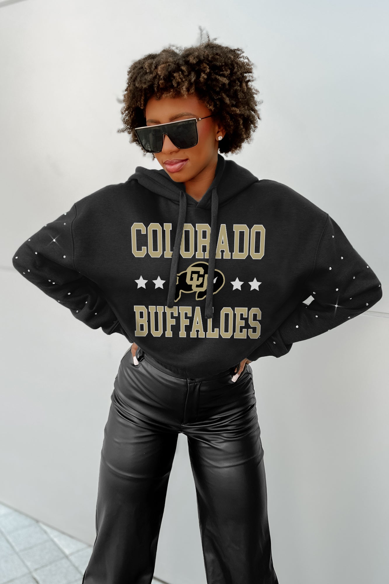 COLORADO BUFFALOES LIKE A STAR LONG SLEEVE SCRUNCH WAISTBAND HOODIE WITH RHINESTONES