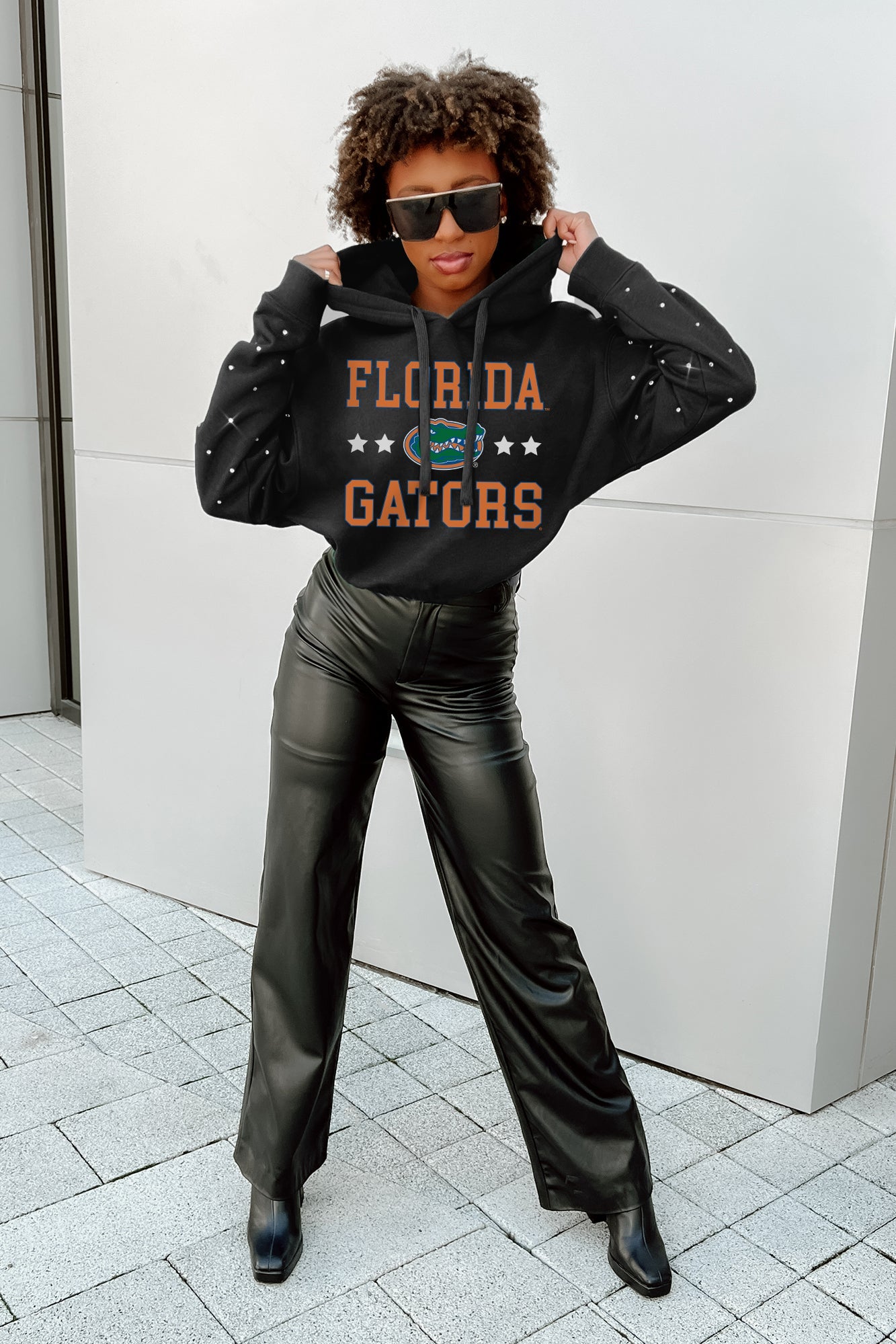 FLORIDA GATORS LIKE A STAR LONG SLEEVE SCRUNCH WAISTBAND HOODIE WITH RHINESTONES