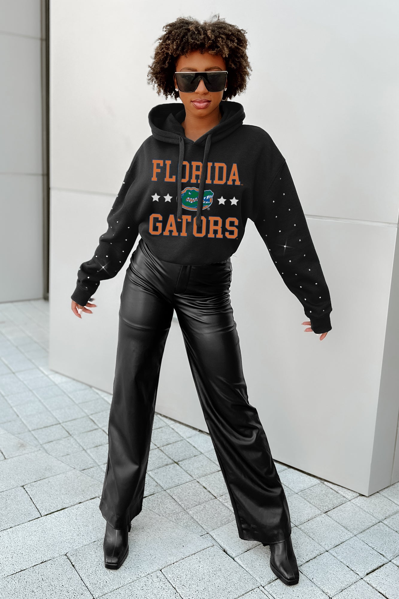 FLORIDA GATORS LIKE A STAR LONG SLEEVE SCRUNCH WAISTBAND HOODIE WITH RHINESTONES