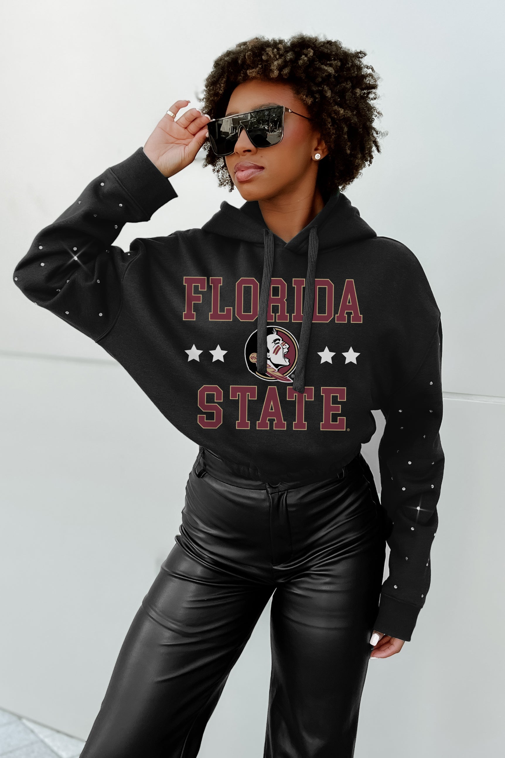 FLORIDA STATE SEMINOLES LIKE A STAR LONG SLEEVE SCRUNCH WAISTBAND HOODIE WITH RHINESTONES