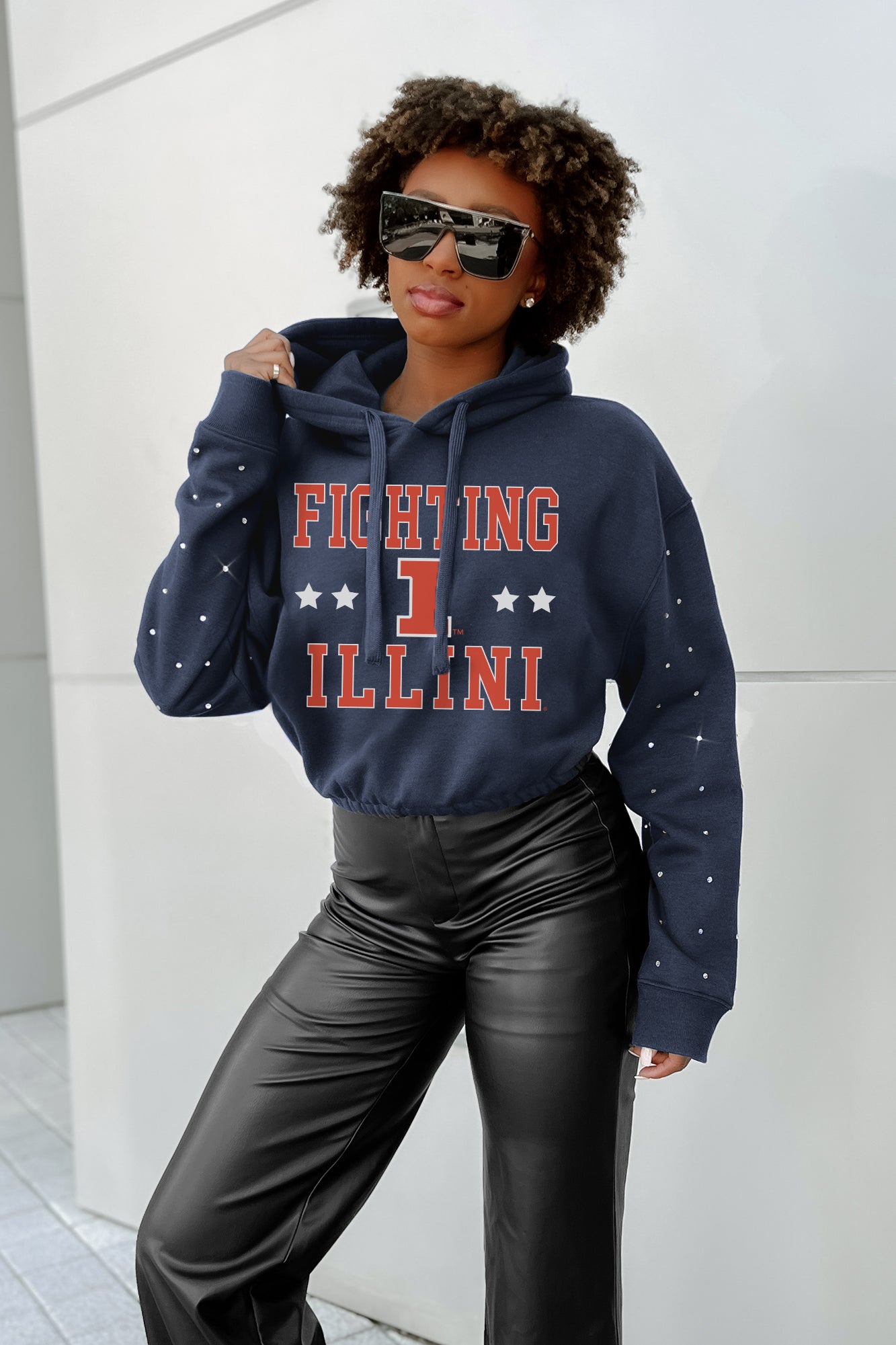 ILLINOIS FIGHTING ILLINI LIKE A STAR LONG SLEEVE SCRUNCH WAISTBAND HOODIE WITH RHINESTONES