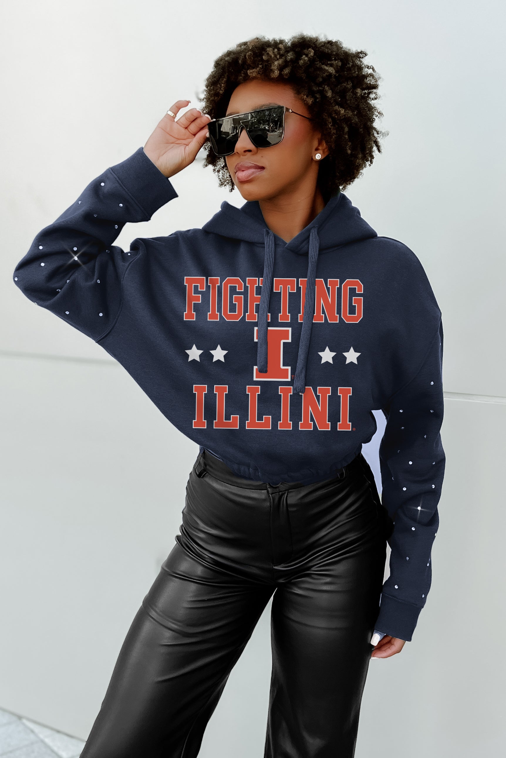 ILLINOIS FIGHTING ILLINI LIKE A STAR LONG SLEEVE SCRUNCH WAISTBAND HOODIE WITH RHINESTONES