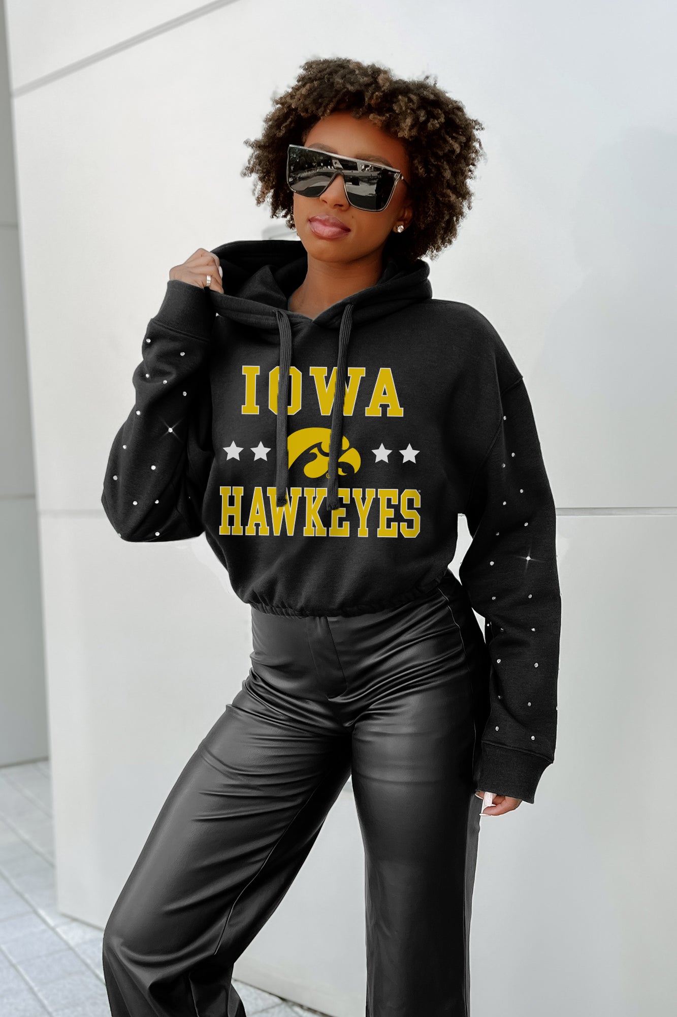 IOWA HAWKEYES LIKE A STAR LONG SLEEVE SCRUNCH WAISTBAND HOODIE WITH RHINESTONES