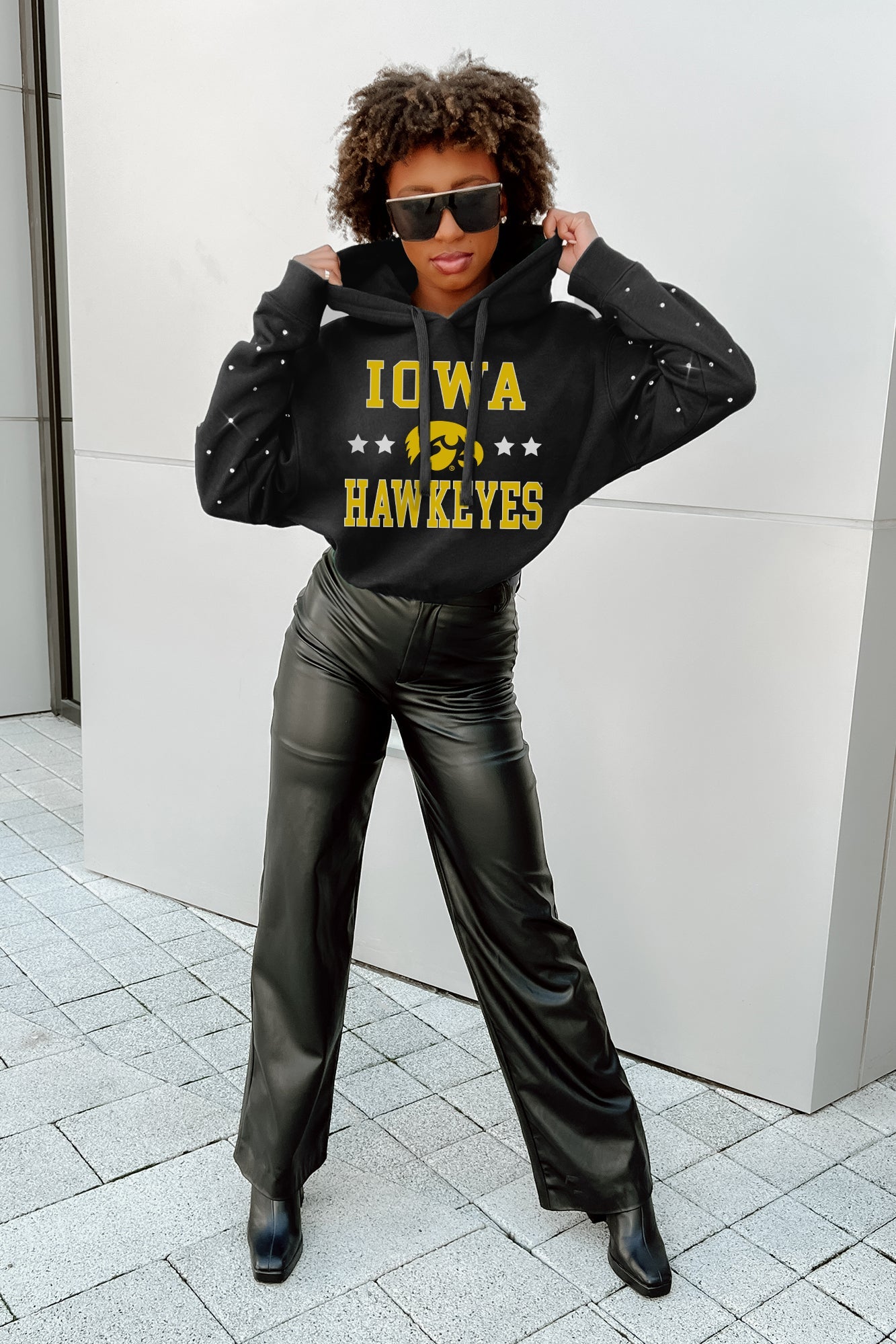 IOWA HAWKEYES LIKE A STAR LONG SLEEVE SCRUNCH WAISTBAND HOODIE WITH RHINESTONES