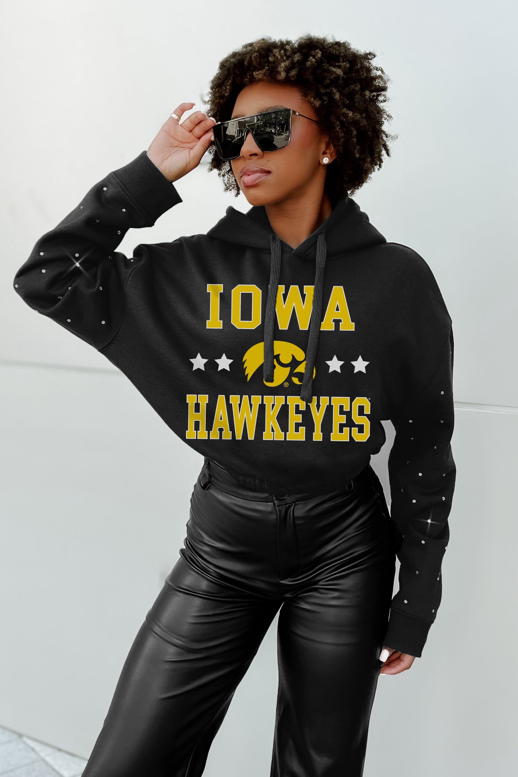 IOWA HAWKEYES LIKE A STAR LONG SLEEVE SCRUNCH WAISTBAND HOODIE WITH RHINESTONES