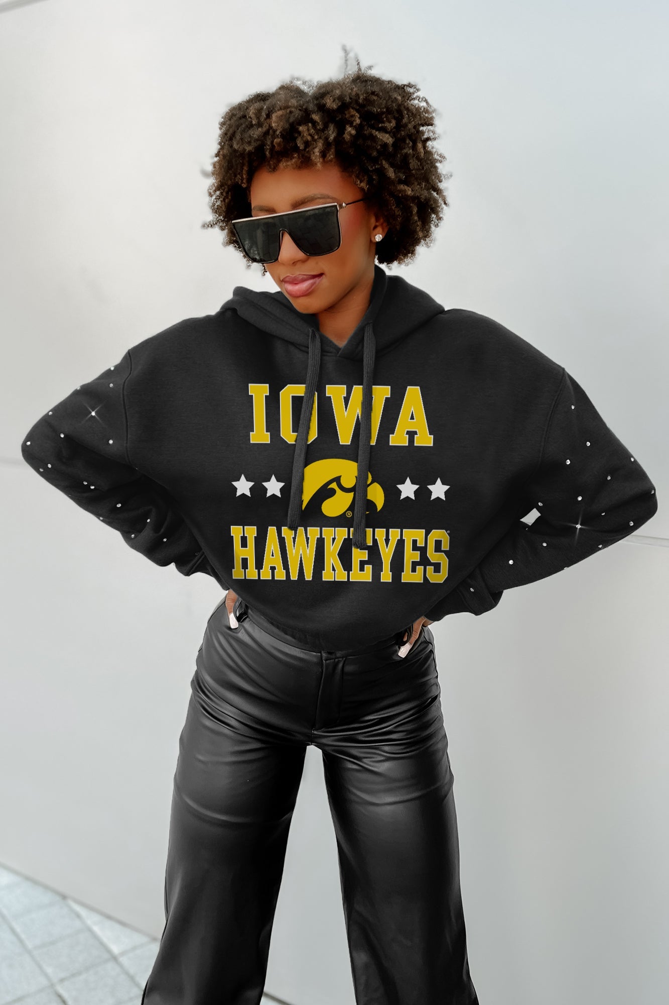 IOWA HAWKEYES LIKE A STAR LONG SLEEVE SCRUNCH WAISTBAND HOODIE WITH RHINESTONES