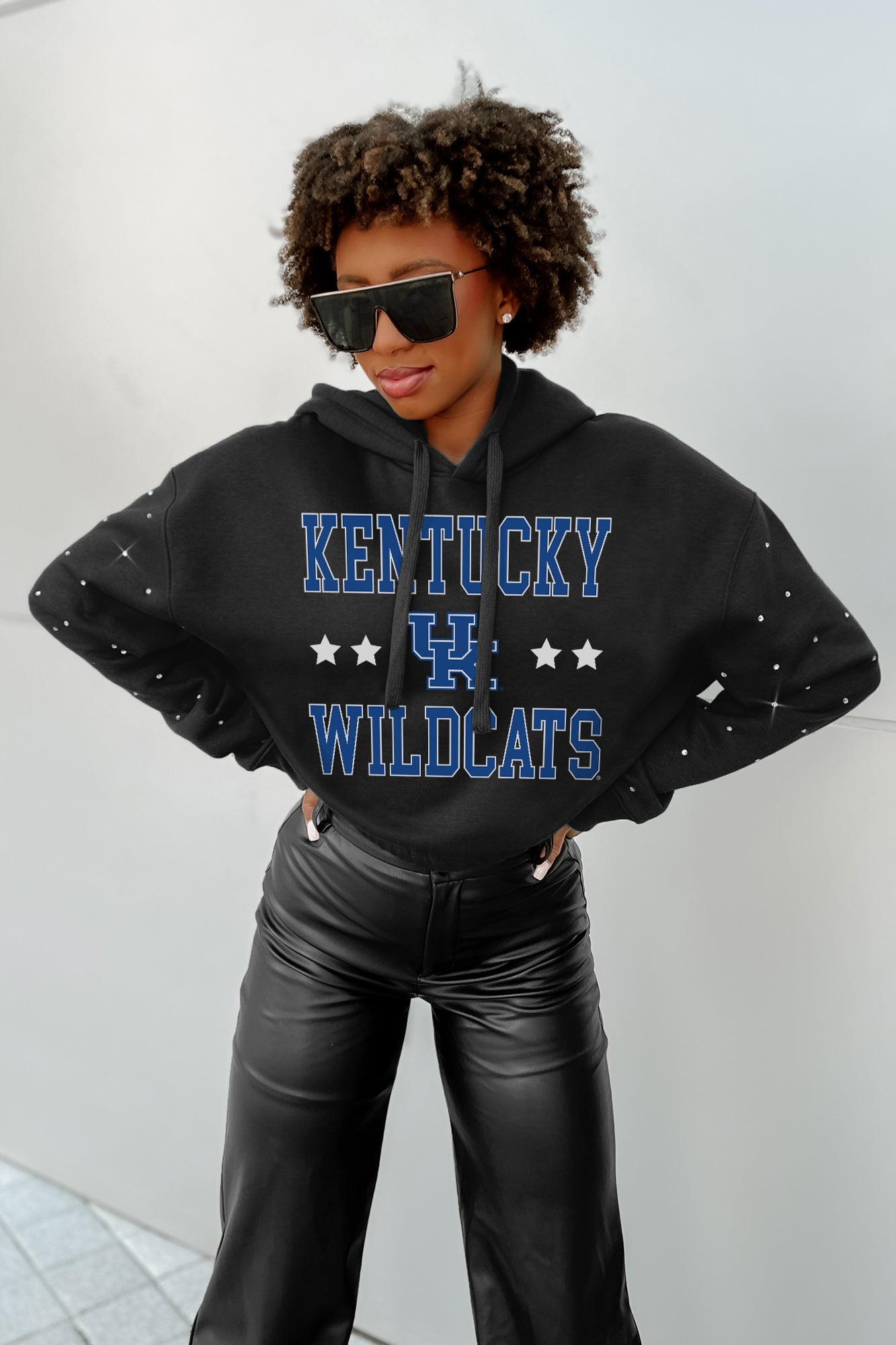 KENTUCKY WILDCATS LIKE A STAR LONG SLEEVE SCRUNCH WAISTBAND HOODIE WITH RHINESTONES