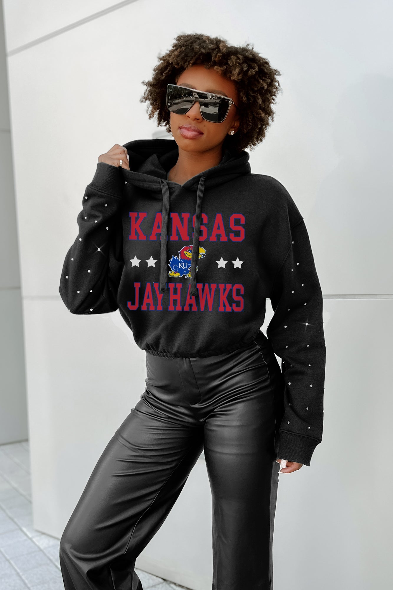 KANSAS JAYHAWKS LIKE A STAR LONG SLEEVE SCRUNCH WAISTBAND HOODIE WITH RHINESTONES