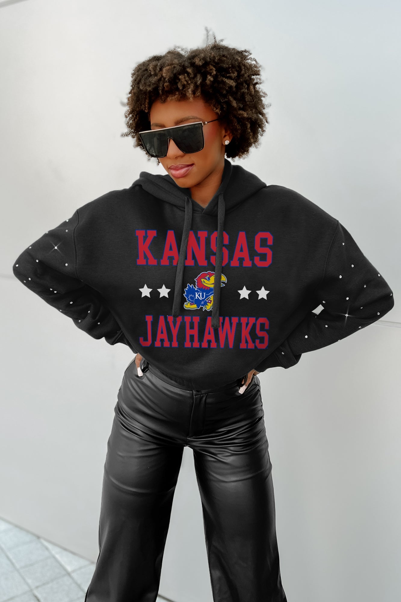 KANSAS JAYHAWKS LIKE A STAR LONG SLEEVE SCRUNCH WAISTBAND HOODIE WITH RHINESTONES