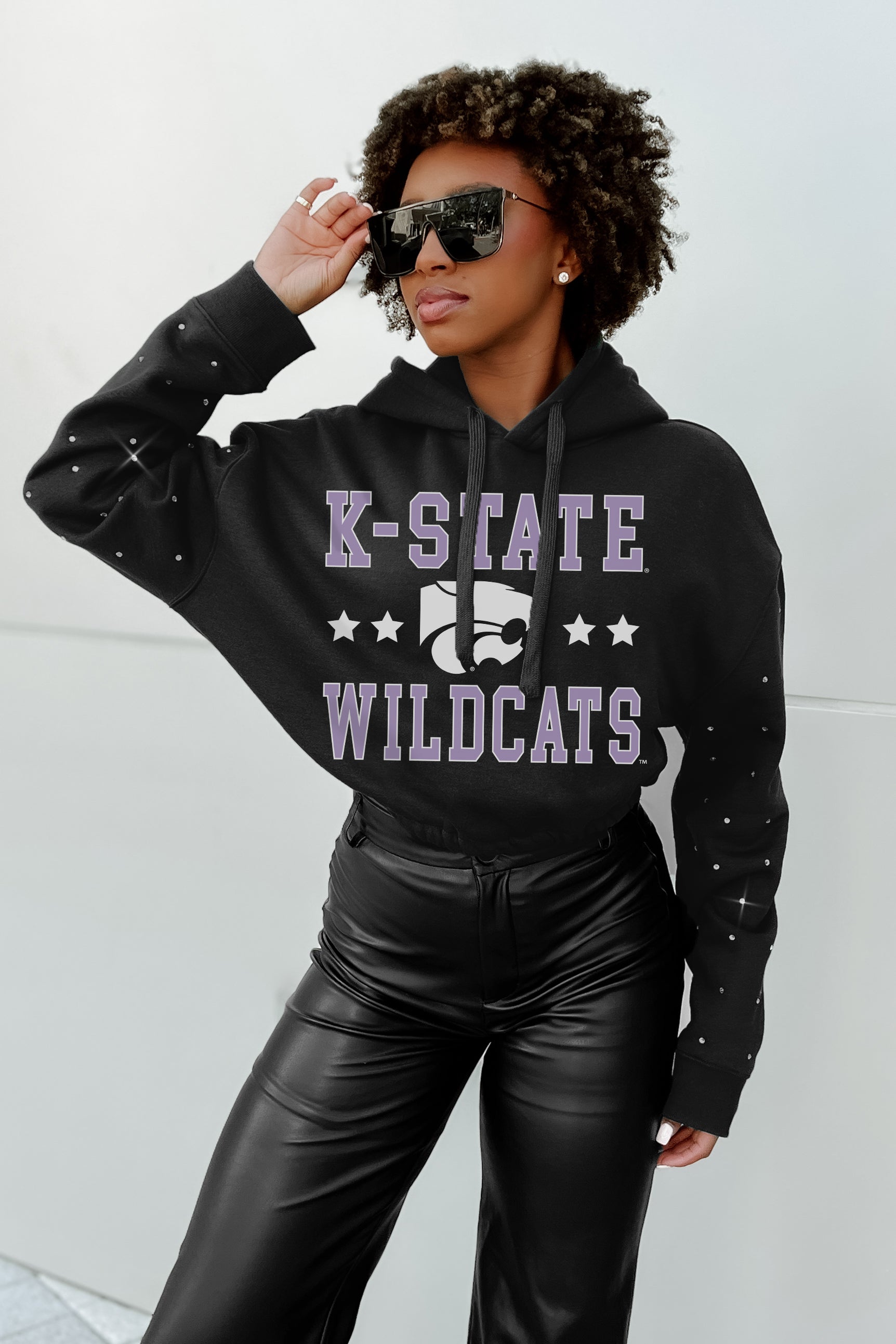 KANSAS STATE WILDCATS LIKE A STAR LONG SLEEVE SCRUNCH WAISTBAND HOODIE WITH RHINESTONES