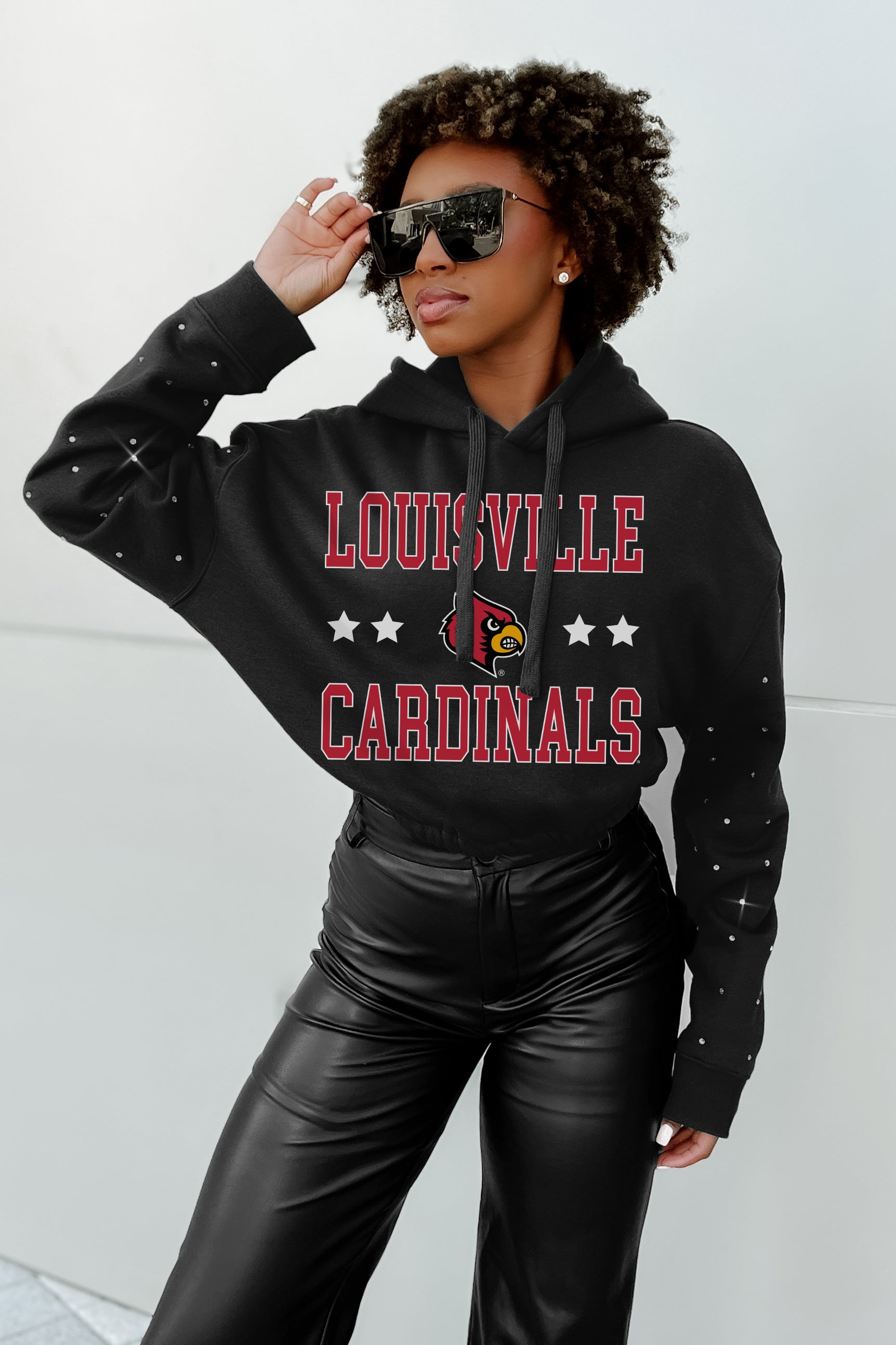 LOUISVILLE CARDINALS LIKE A STAR LONG SLEEVE SCRUNCH WAISTBAND HOODIE WITH RHINESTONES