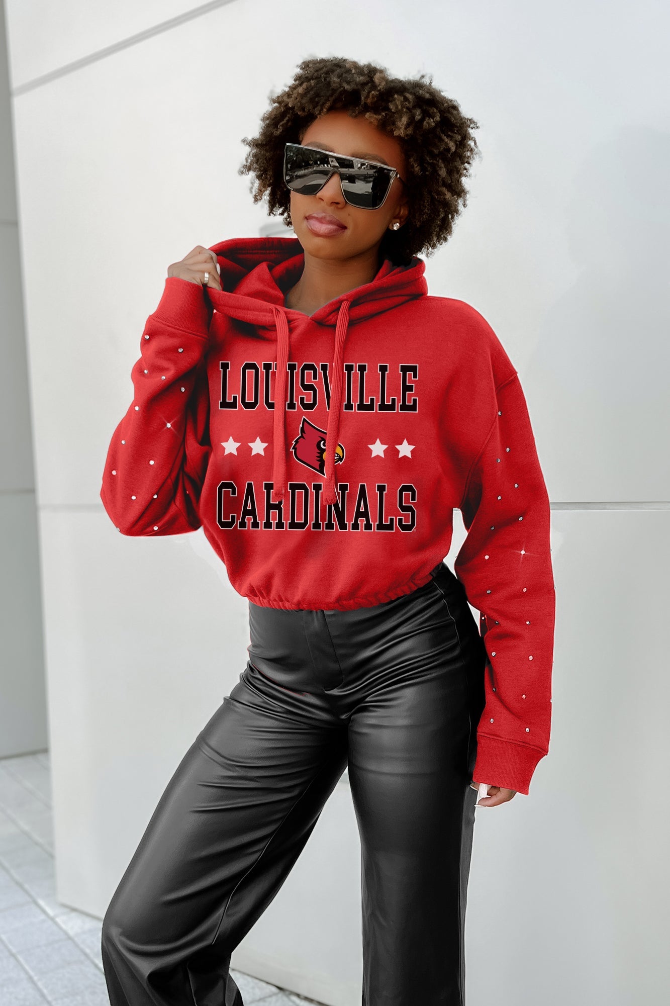 LOUISVILLE CARDINALS CAN'T LOSE LONG SLEEVE SCRUNCH WAISTBAND HOODIE WITH RHINESTONES