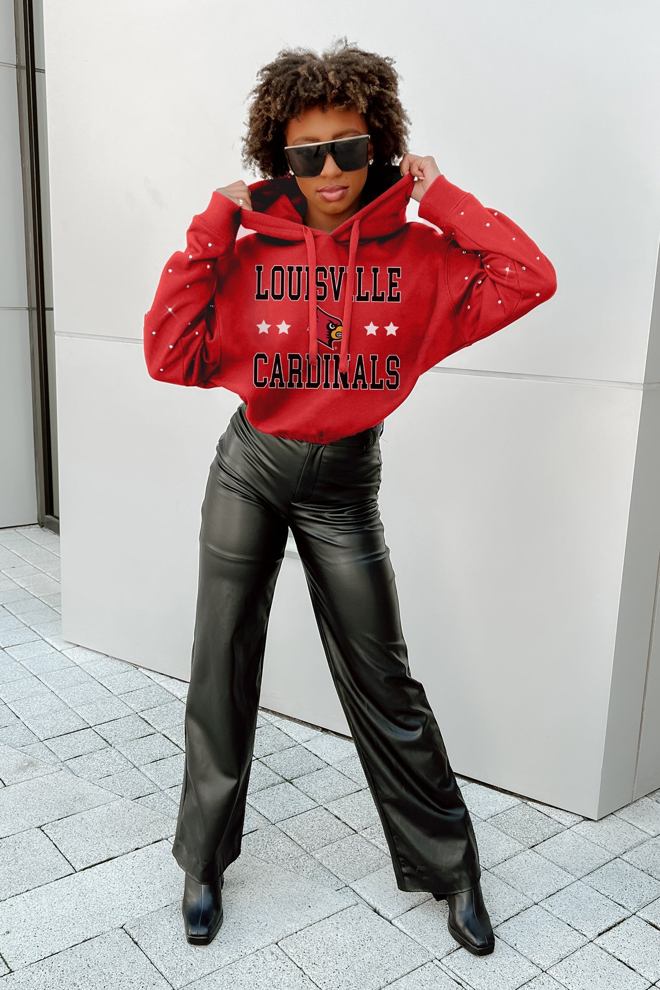 LOUISVILLE CARDINALS CAN'T LOSE LONG SLEEVE SCRUNCH WAISTBAND HOODIE WITH RHINESTONES