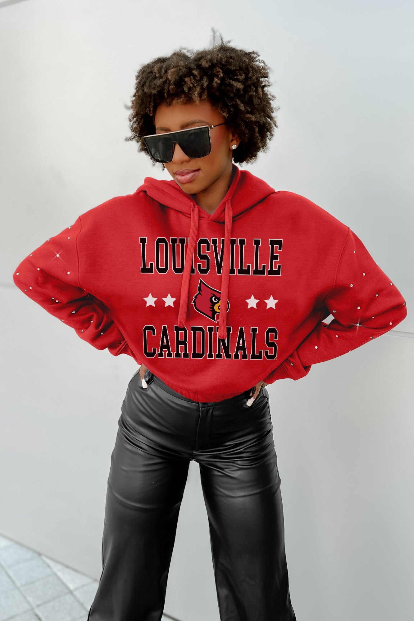 LOUISVILLE CARDINALS CAN'T LOSE LONG SLEEVE SCRUNCH WAISTBAND HOODIE WITH RHINESTONES