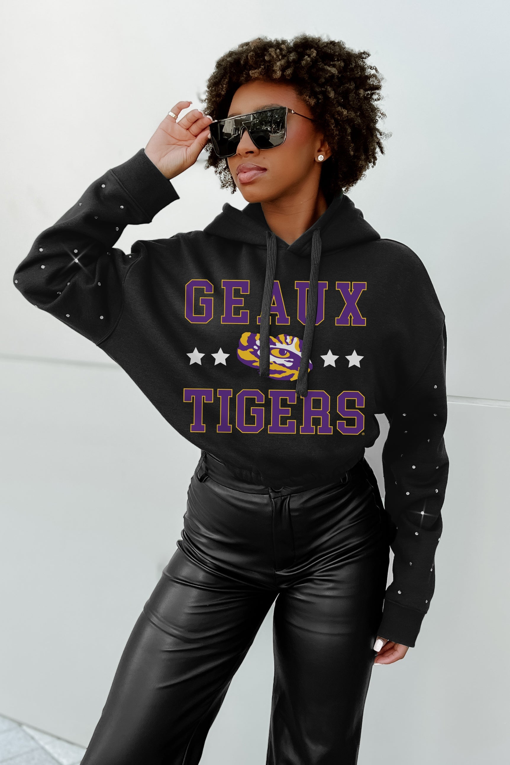 LSU TIGERS LIKE A STAR LONG SLEEVE SCRUNCH WAISTBAND HOODIE WITH RHINESTONES