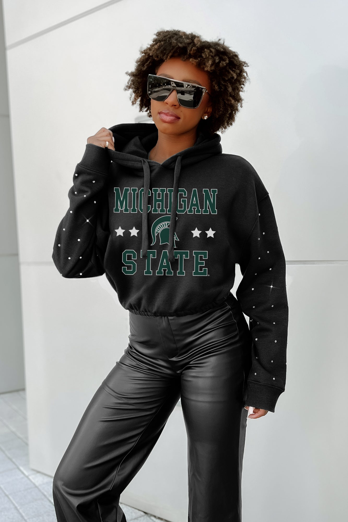 MICHIGAN STATE SPARTANS LIKE A STAR LONG SLEEVE SCRUNCH WAISTBAND HOODIE WITH RHINESTONES