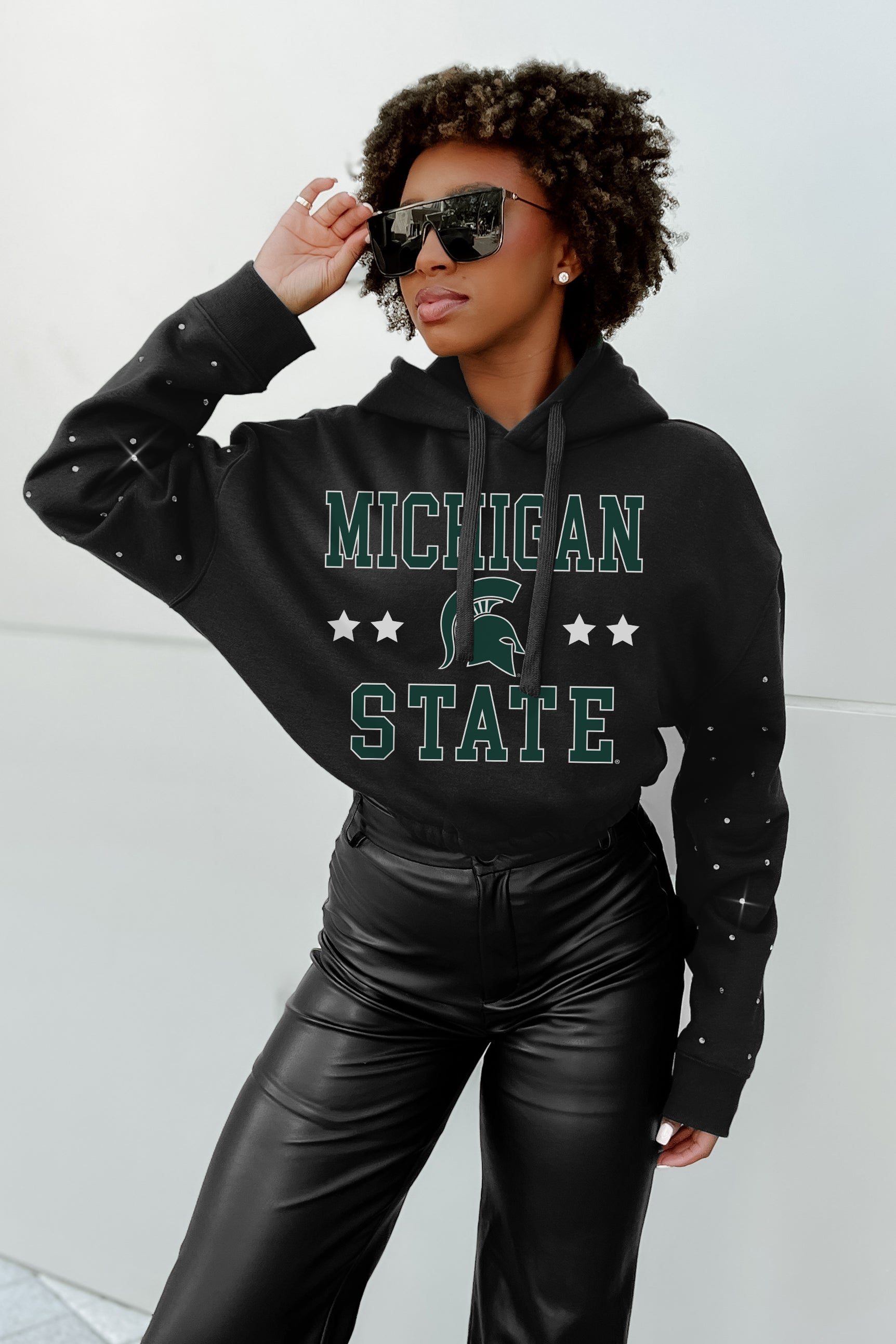 MICHIGAN STATE SPARTANS LIKE A STAR LONG SLEEVE SCRUNCH WAISTBAND HOODIE WITH RHINESTONES