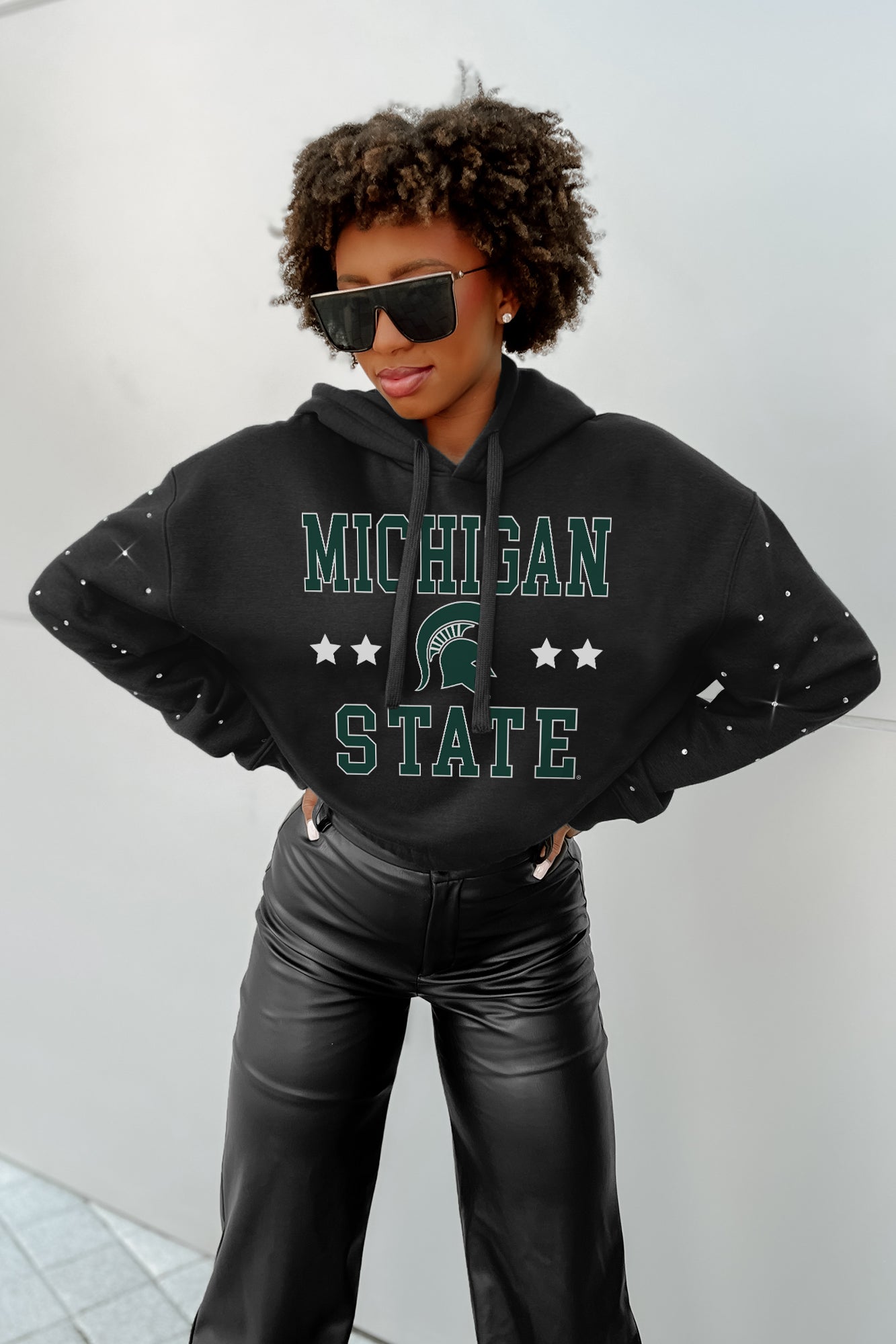 MICHIGAN STATE SPARTANS LIKE A STAR LONG SLEEVE SCRUNCH WAISTBAND HOODIE WITH RHINESTONES