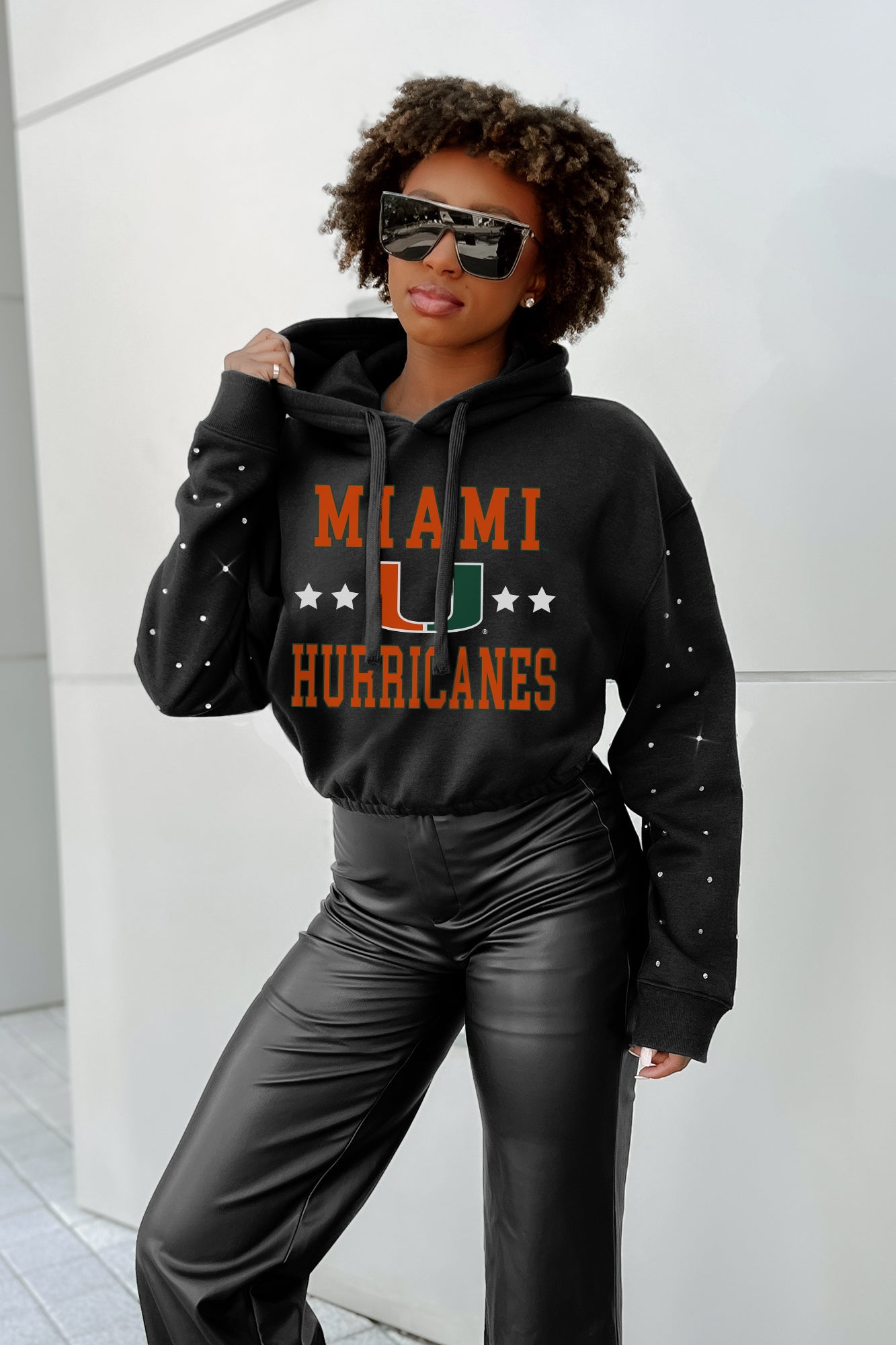 MIAMI HURRICANES LIKE A STAR LONG SLEEVE SCRUNCH WAISTBAND HOODIE WITH RHINESTONES