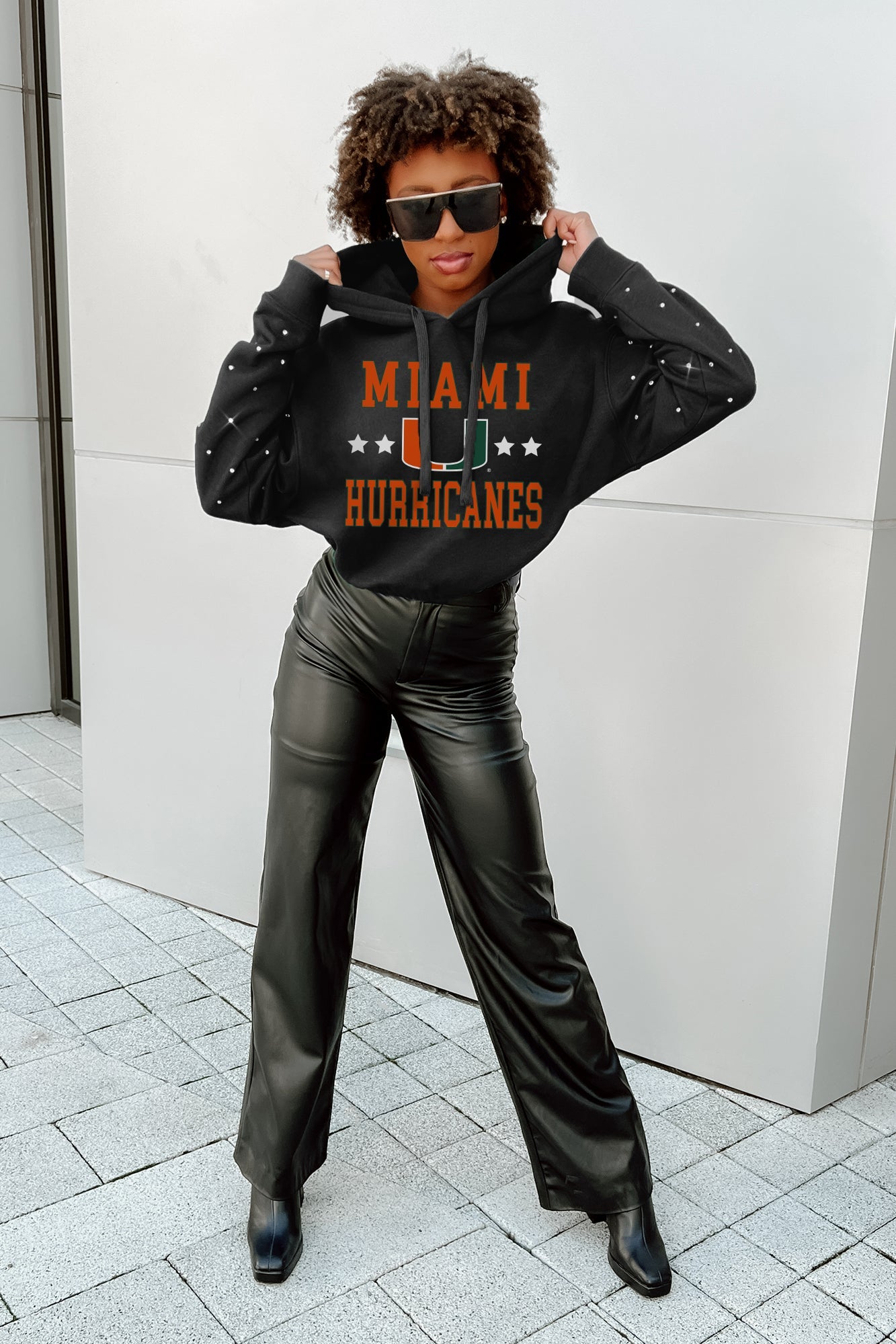 MIAMI HURRICANES LIKE A STAR LONG SLEEVE SCRUNCH WAISTBAND HOODIE WITH RHINESTONES