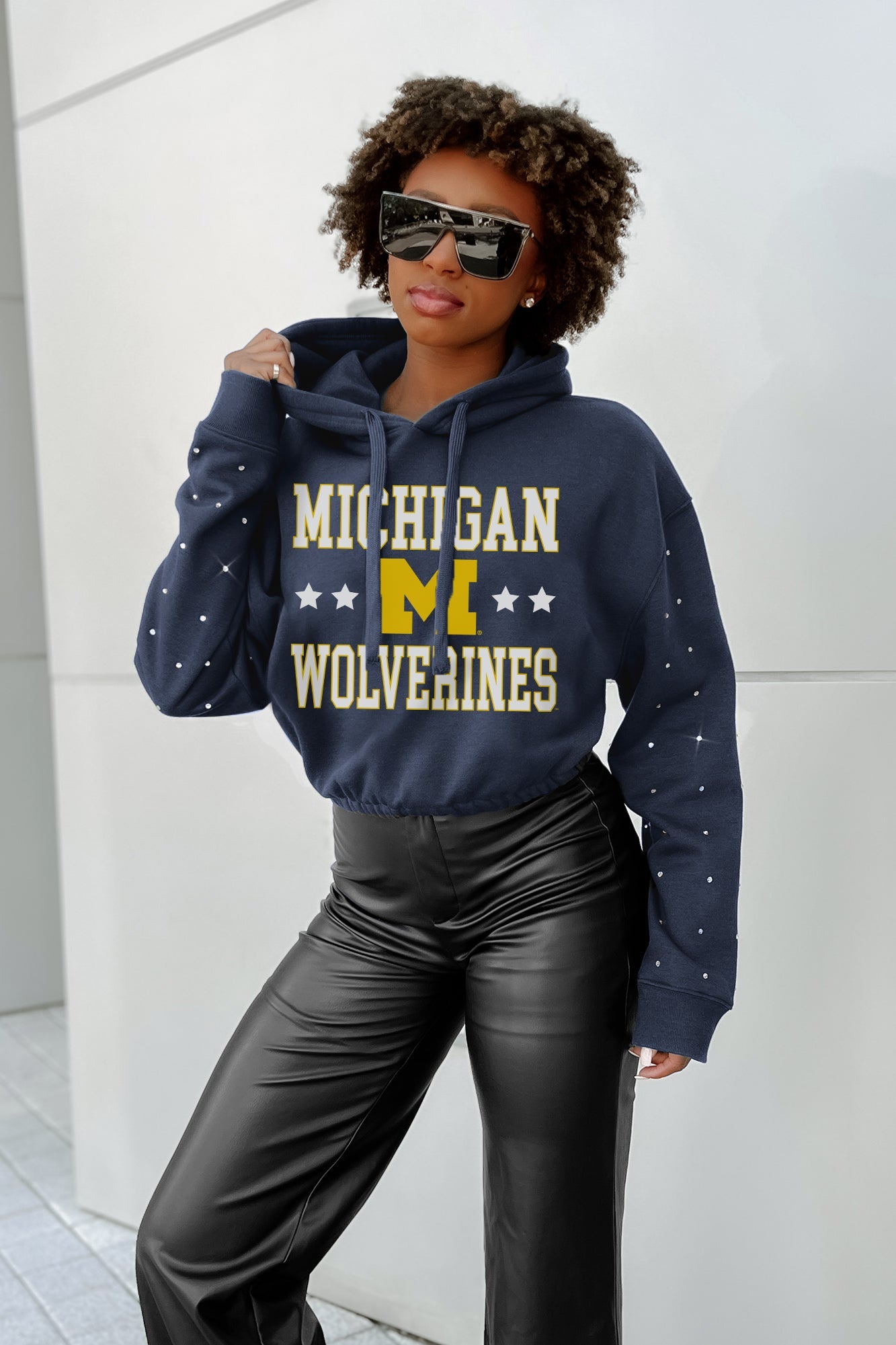 MICHIGAN WOLVERINES LIKE A STAR LONG SLEEVE SCRUNCH WAISTBAND HOODIE WITH RHINESTONES