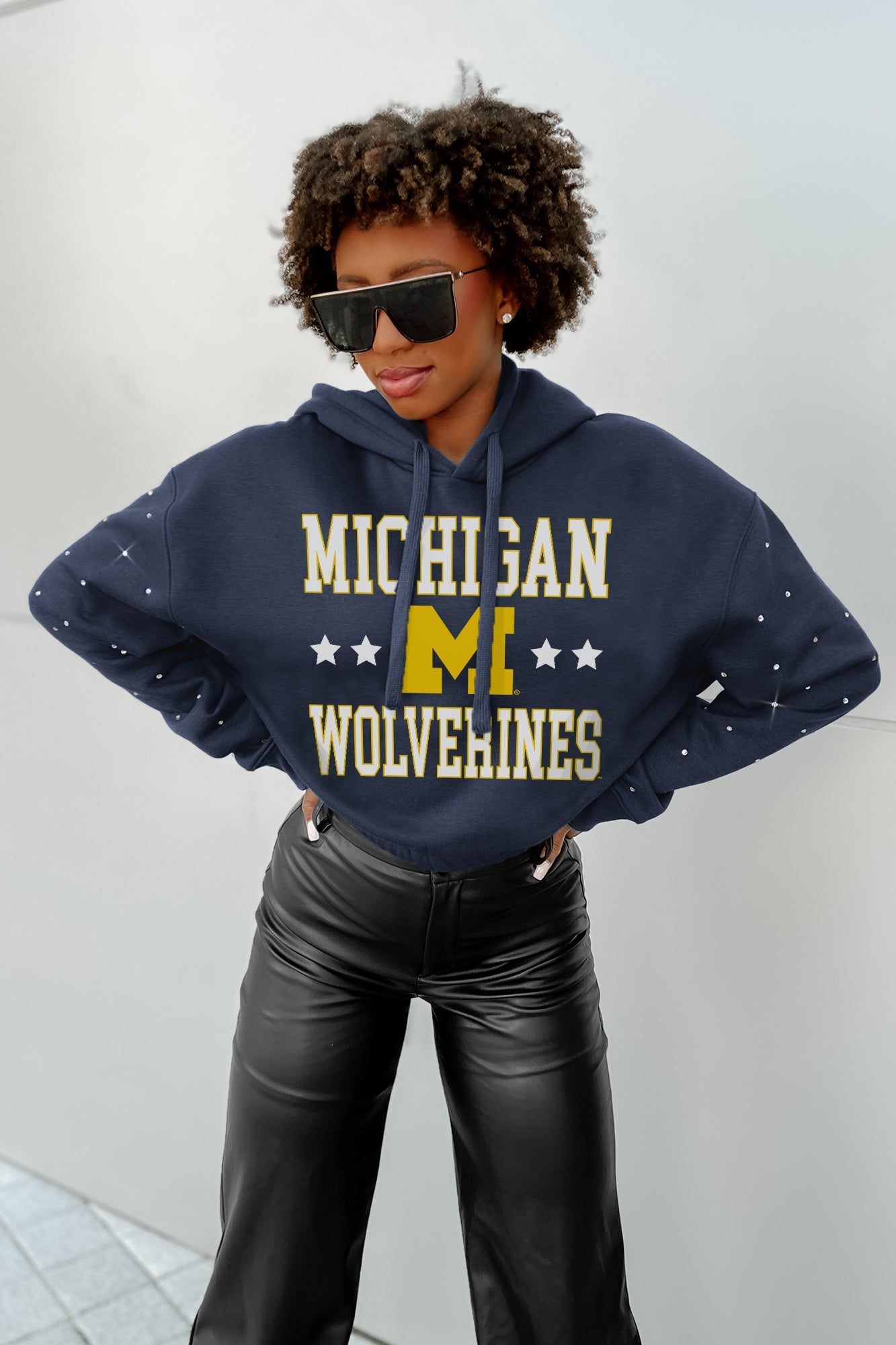 MICHIGAN WOLVERINES LIKE A STAR LONG SLEEVE SCRUNCH WAISTBAND HOODIE WITH RHINESTONES