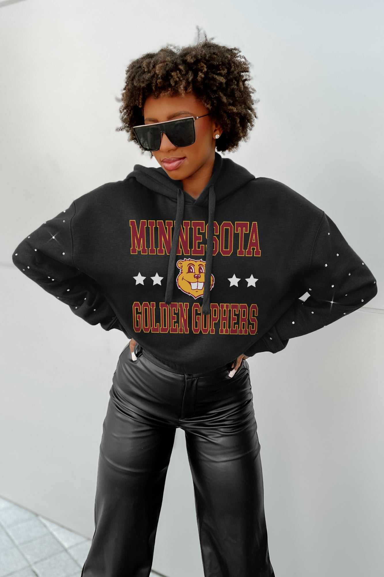 MINNESOTA GOLDEN GOPHERS LIKE A STAR LONG SLEEVE SCRUNCH WAISTBAND HOODIE WITH RHINESTONES