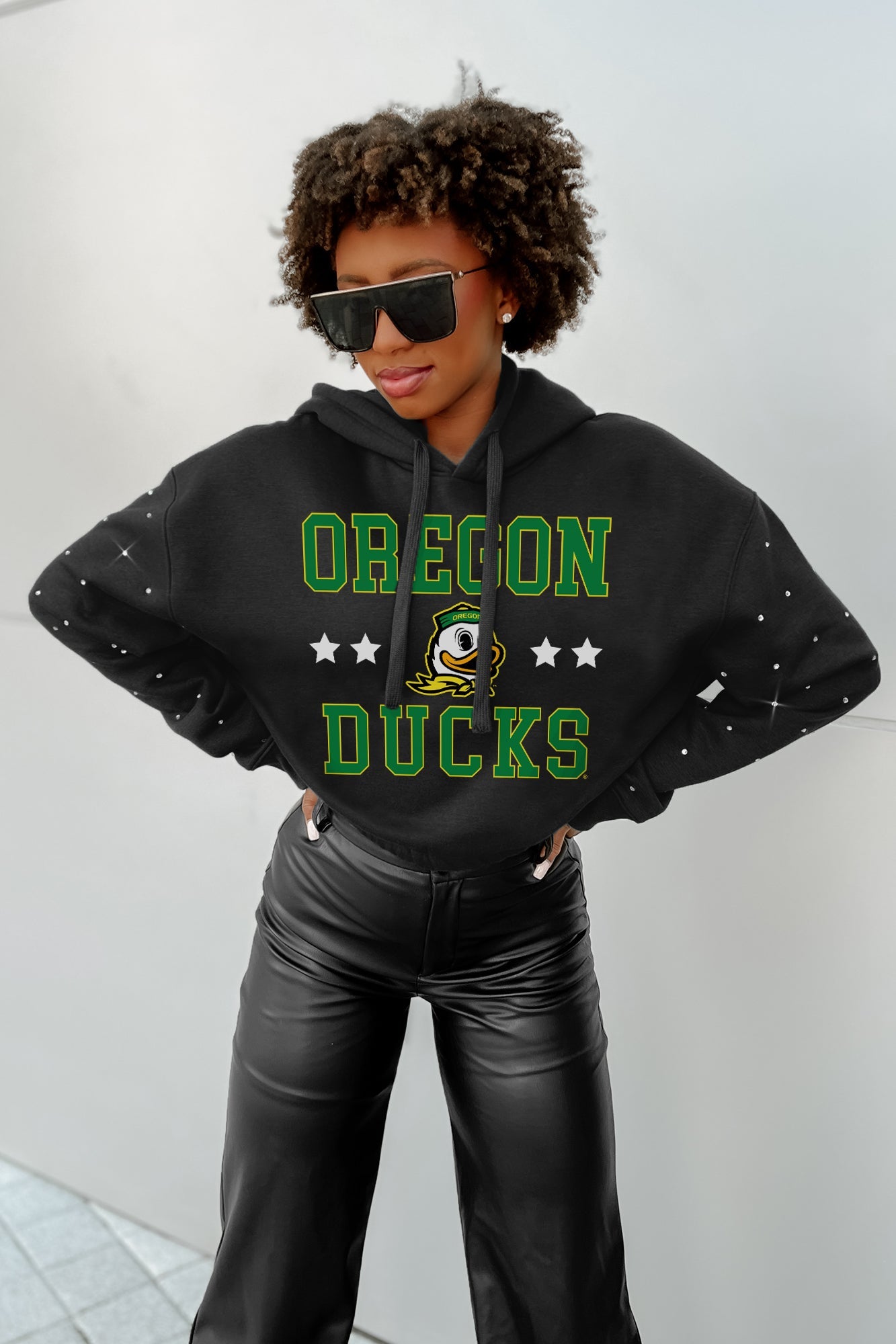 OREGON DUCKS LIKE A STAR LONG SLEEVE SCRUNCH WAISTBAND HOODIE WITH RHINESTONES